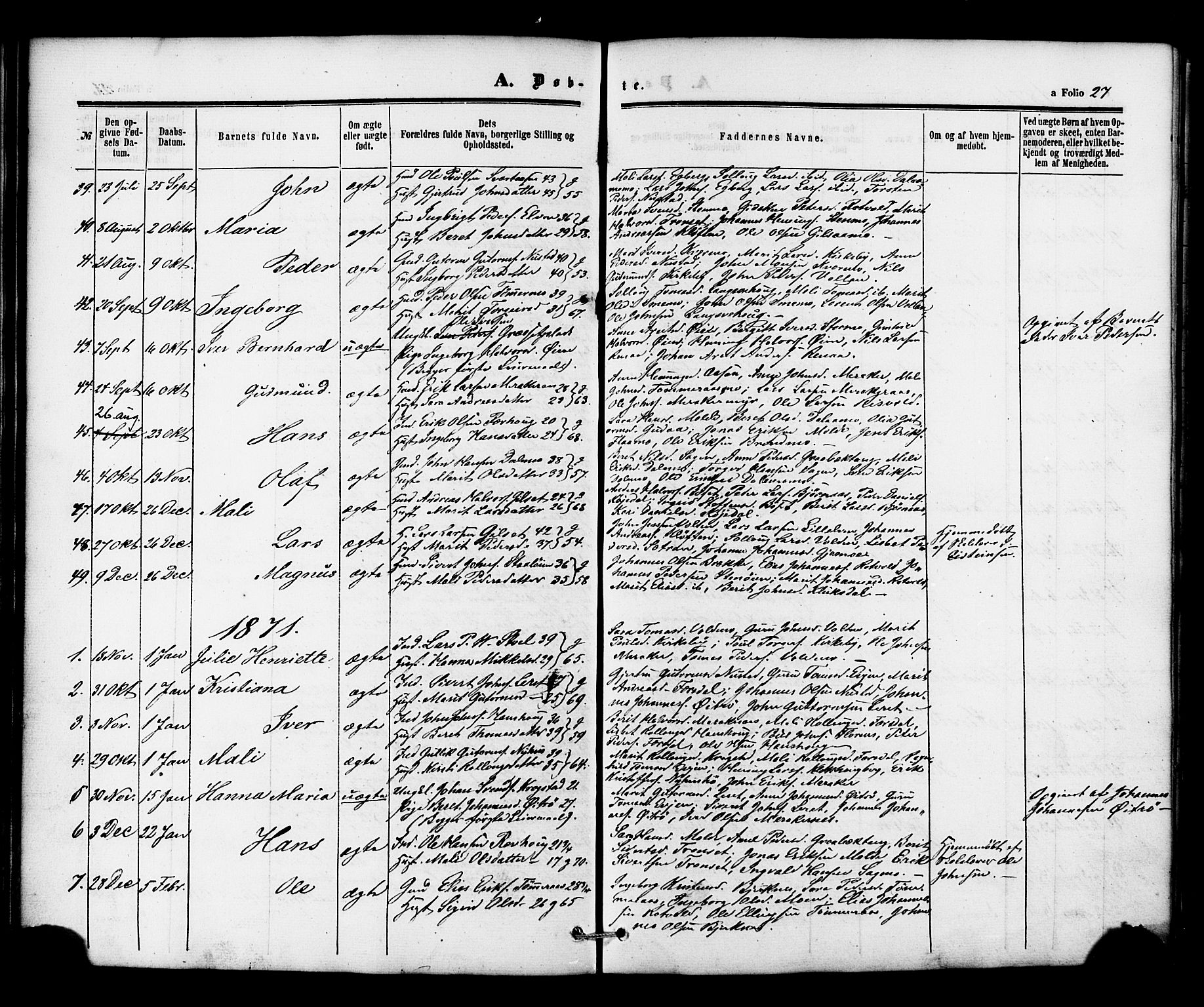 Ministerialprotokoller, klokkerbøker og fødselsregistre - Nord-Trøndelag, AV/SAT-A-1458/706/L0041: Parish register (official) no. 706A02, 1862-1877, p. 27