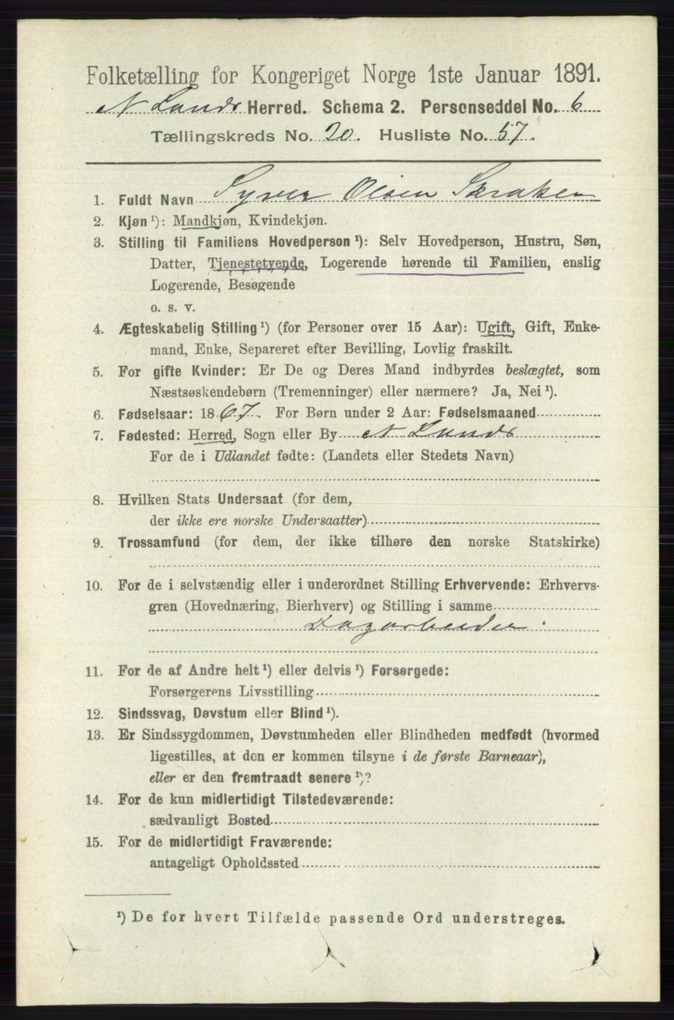 RA, 1891 census for 0538 Nordre Land, 1891, p. 5212