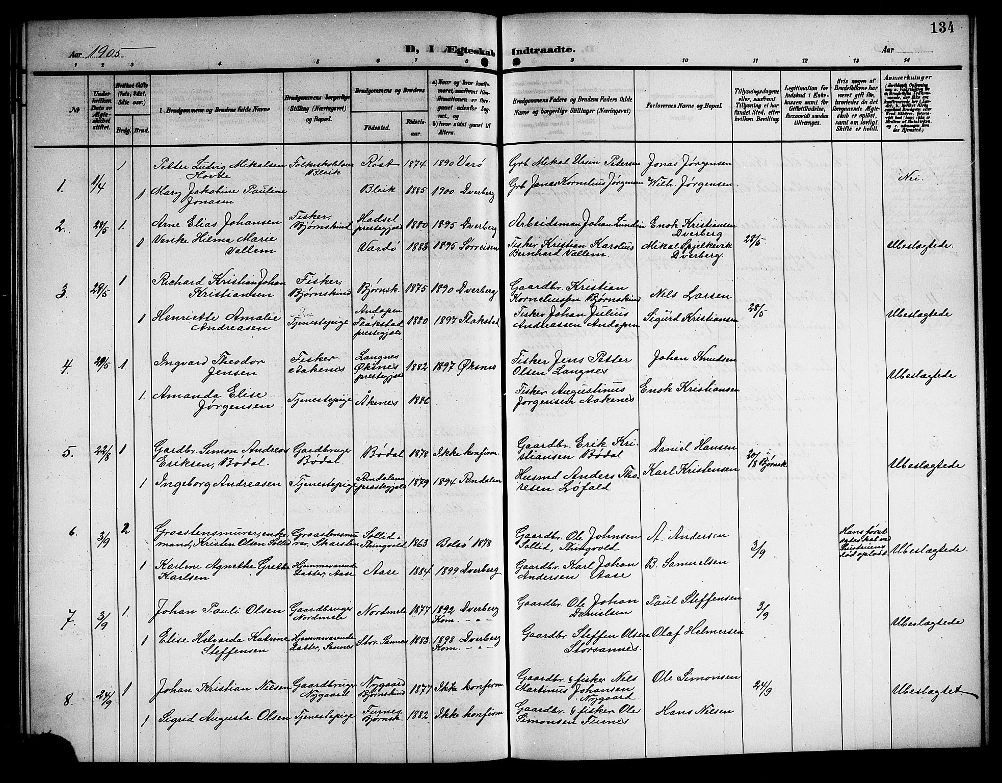 Ministerialprotokoller, klokkerbøker og fødselsregistre - Nordland, SAT/A-1459/897/L1414: Parish register (copy) no. 897C04, 1904-1915, p. 134