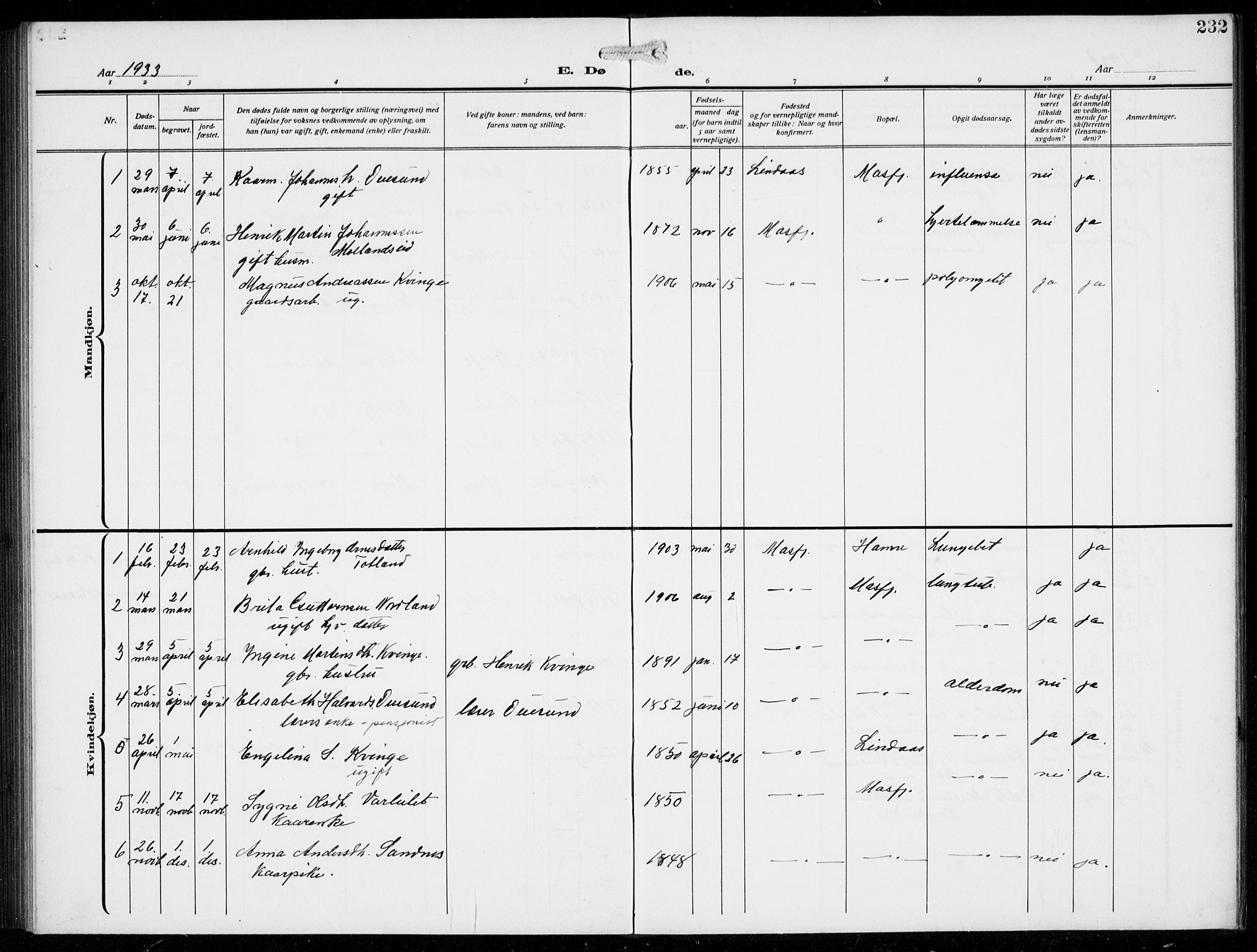 Masfjorden Sokneprestembete, AV/SAB-A-77001: Parish register (copy) no. B  2, 1912-1939, p. 232