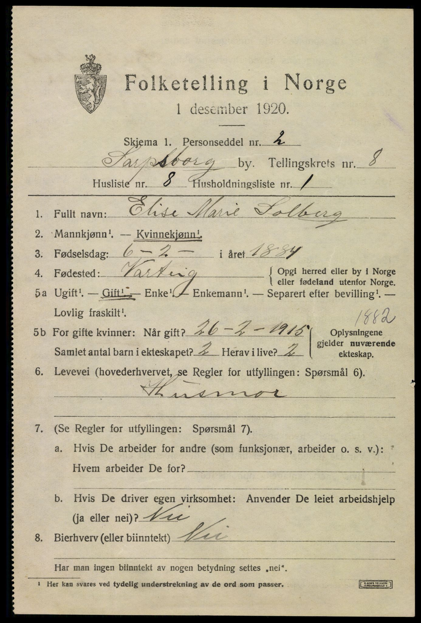 SAO, 1920 census for Sarpsborg, 1920, p. 17434