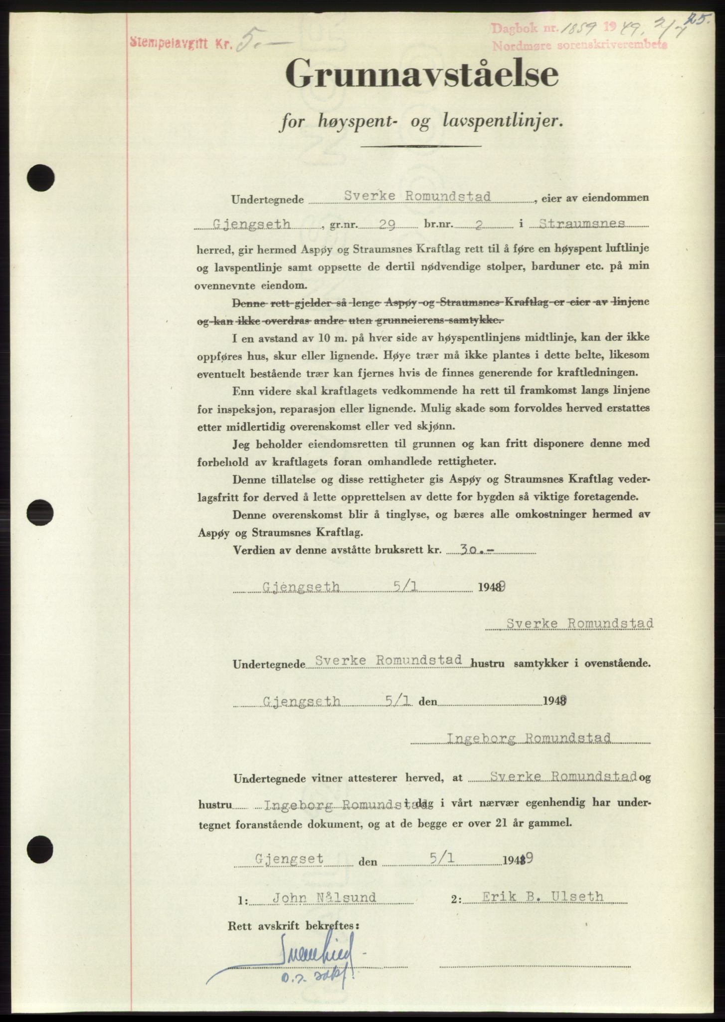 Nordmøre sorenskriveri, AV/SAT-A-4132/1/2/2Ca: Mortgage book no. B102, 1949-1949, Diary no: : 1859/1949