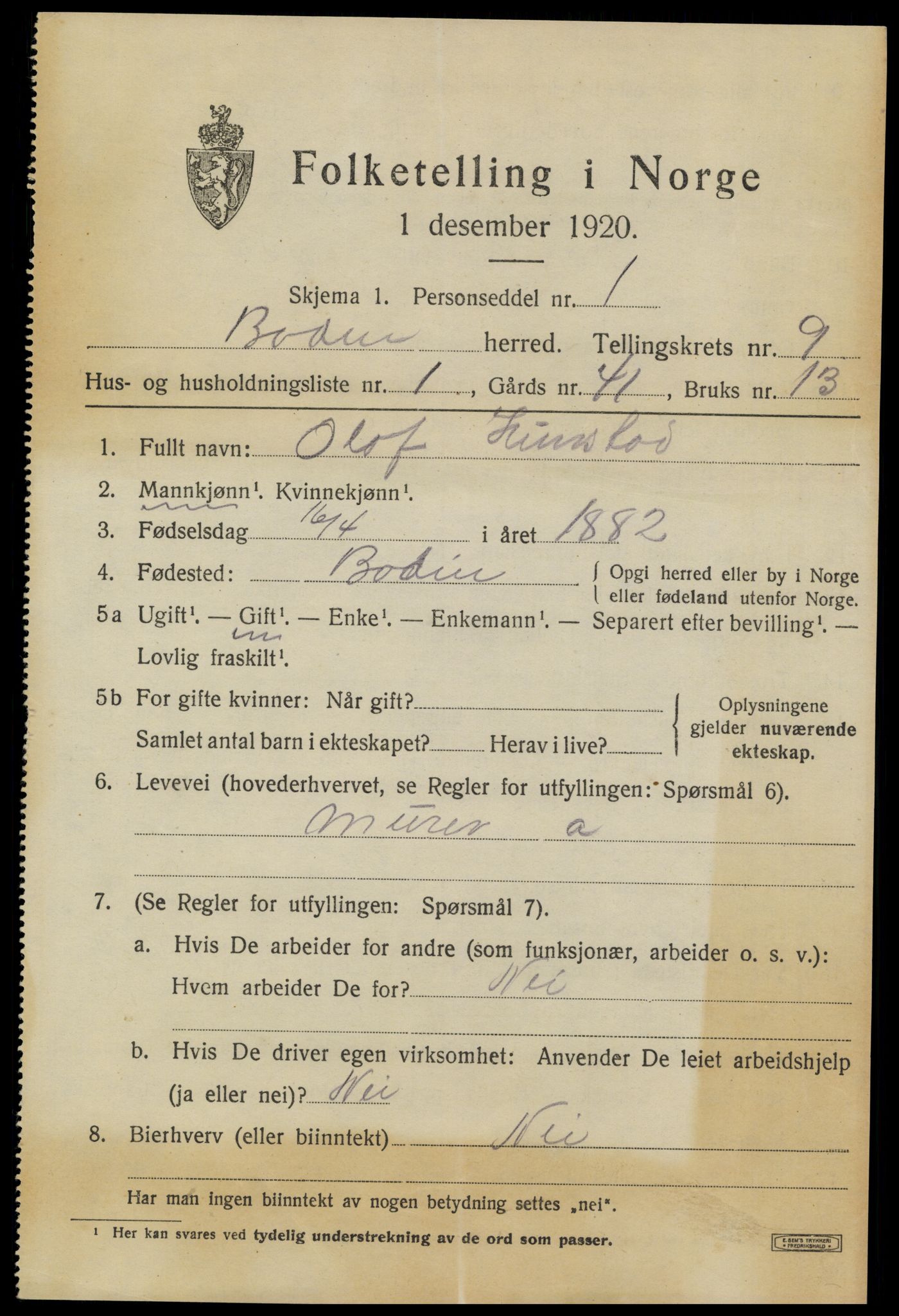 SAT, 1920 census for Bodin, 1920, p. 6876