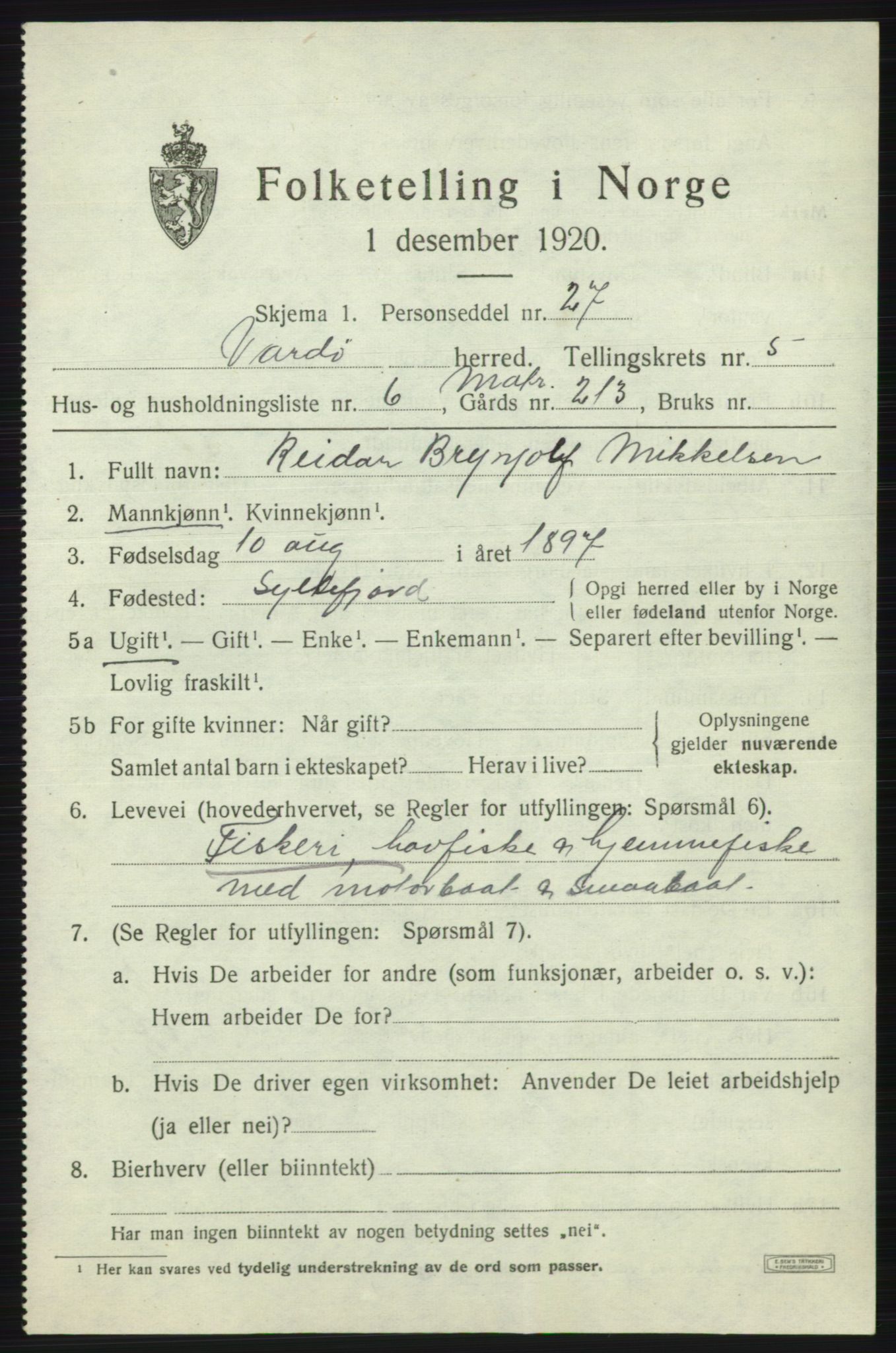 SATØ, 1920 census for Vardø rural district, 1920, p. 2638