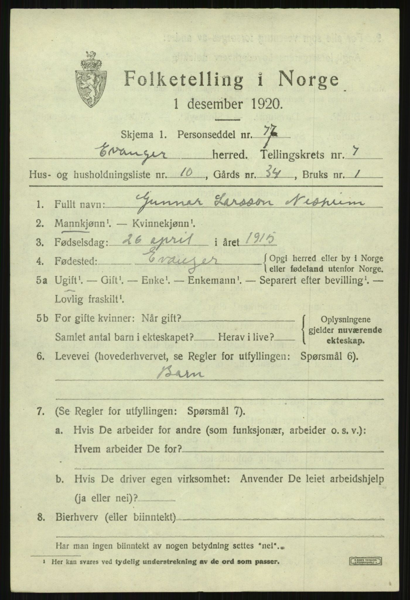 SAB, 1920 census for Evanger, 1920, p. 2471