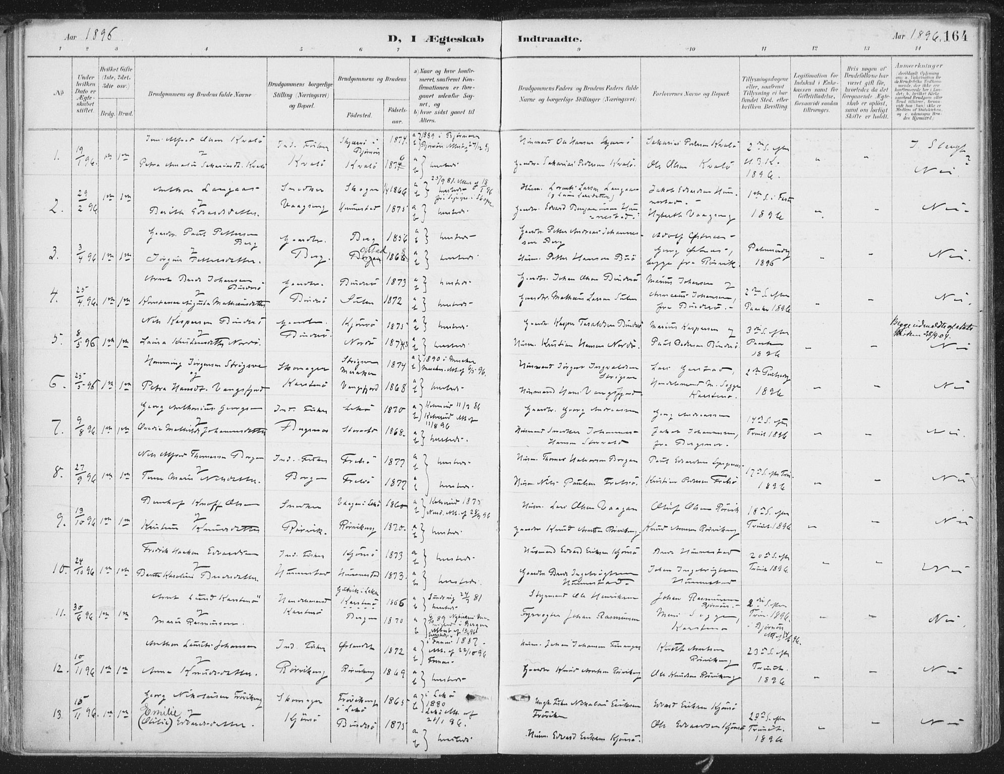 Ministerialprotokoller, klokkerbøker og fødselsregistre - Nord-Trøndelag, SAT/A-1458/786/L0687: Parish register (official) no. 786A03, 1888-1898, p. 164