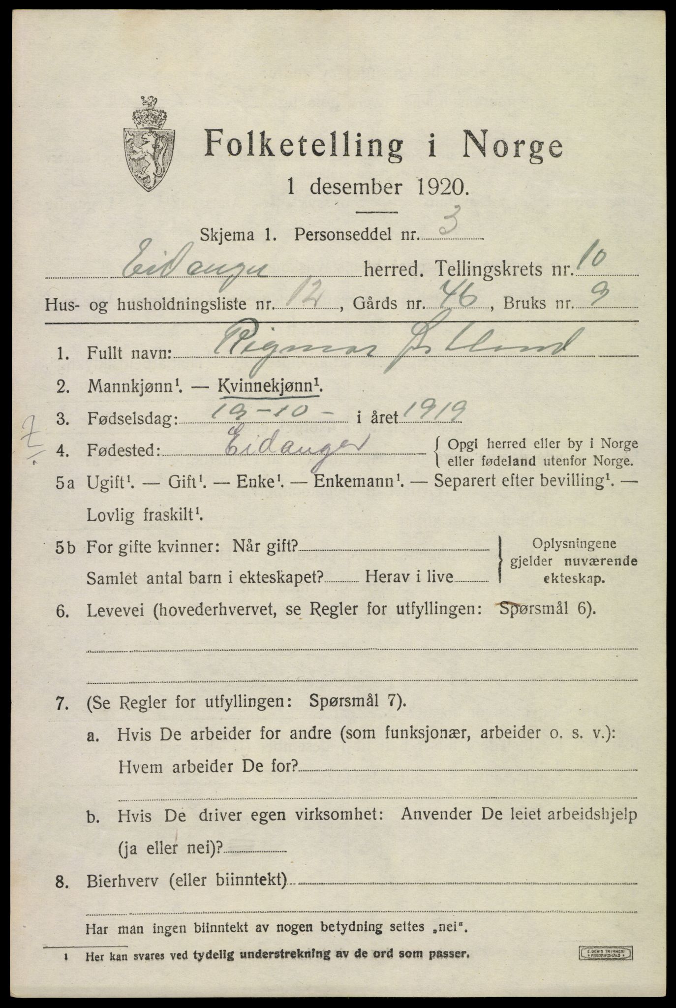 SAKO, 1920 census for Eidanger, 1920, p. 6480