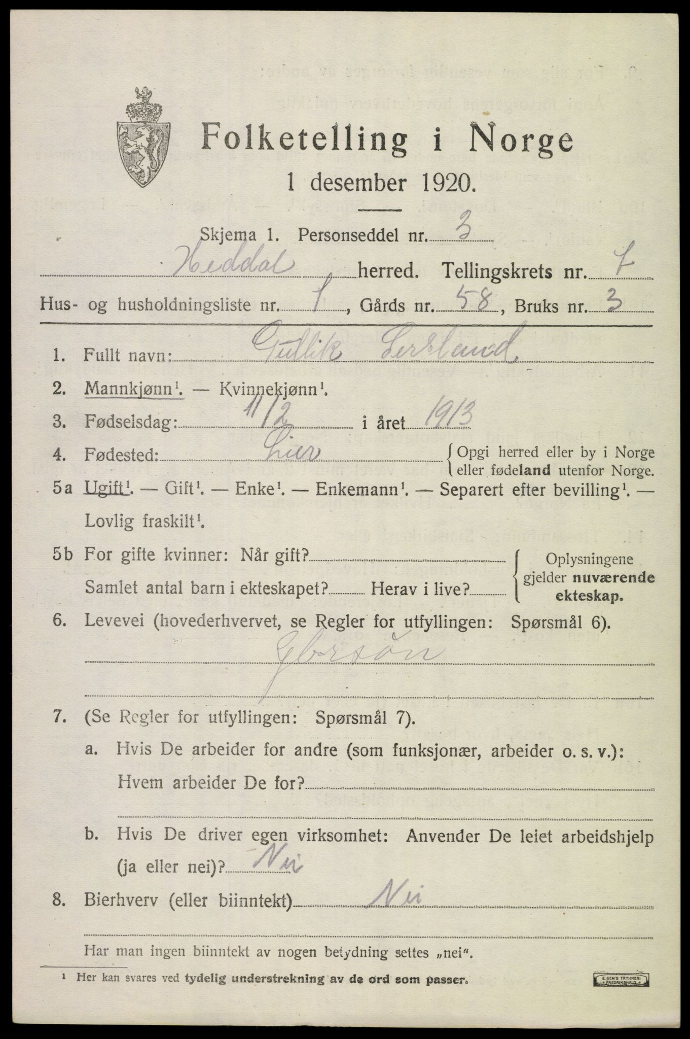 SAKO, 1920 census for Heddal, 1920, p. 5418