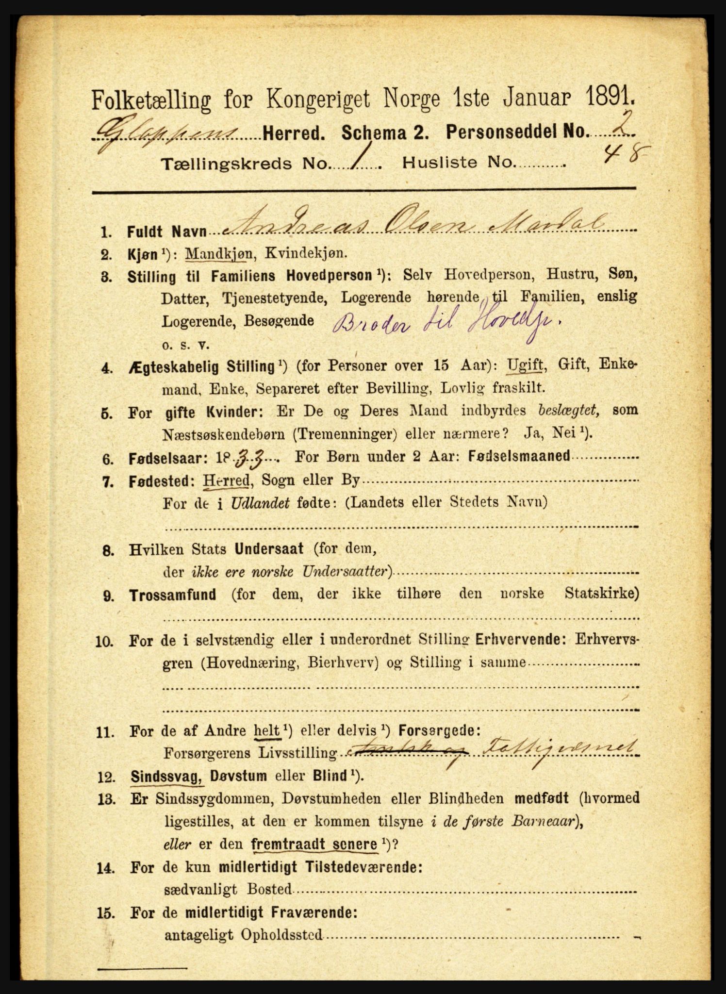 RA, 1891 census for 1445 Gloppen, 1891, p. 371