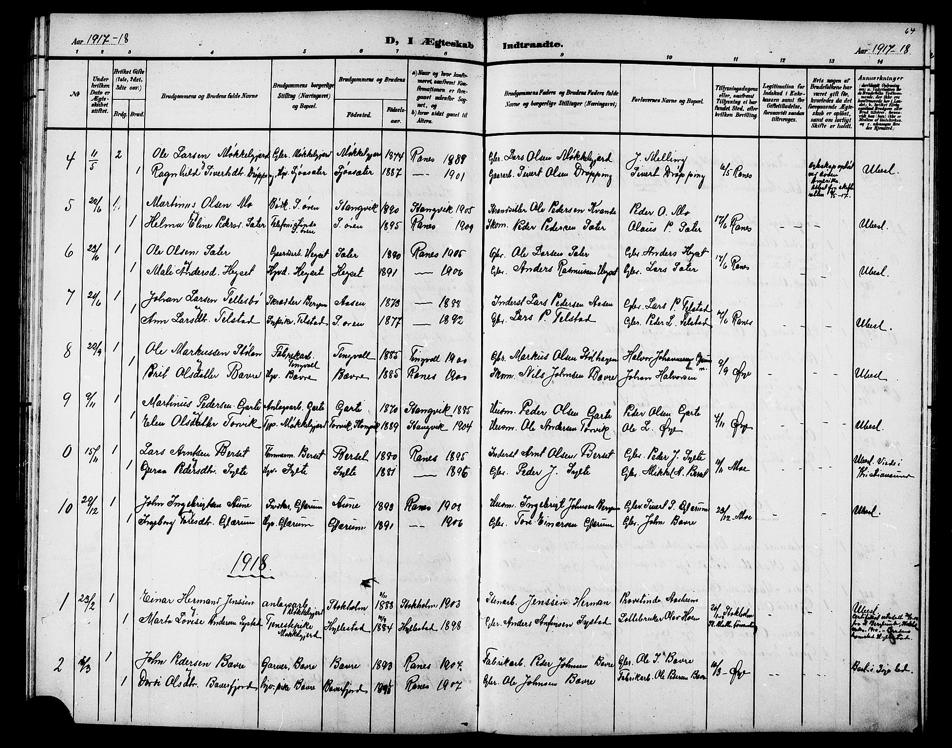 Ministerialprotokoller, klokkerbøker og fødselsregistre - Møre og Romsdal, AV/SAT-A-1454/595/L1053: Parish register (copy) no. 595C05, 1901-1919, p. 64