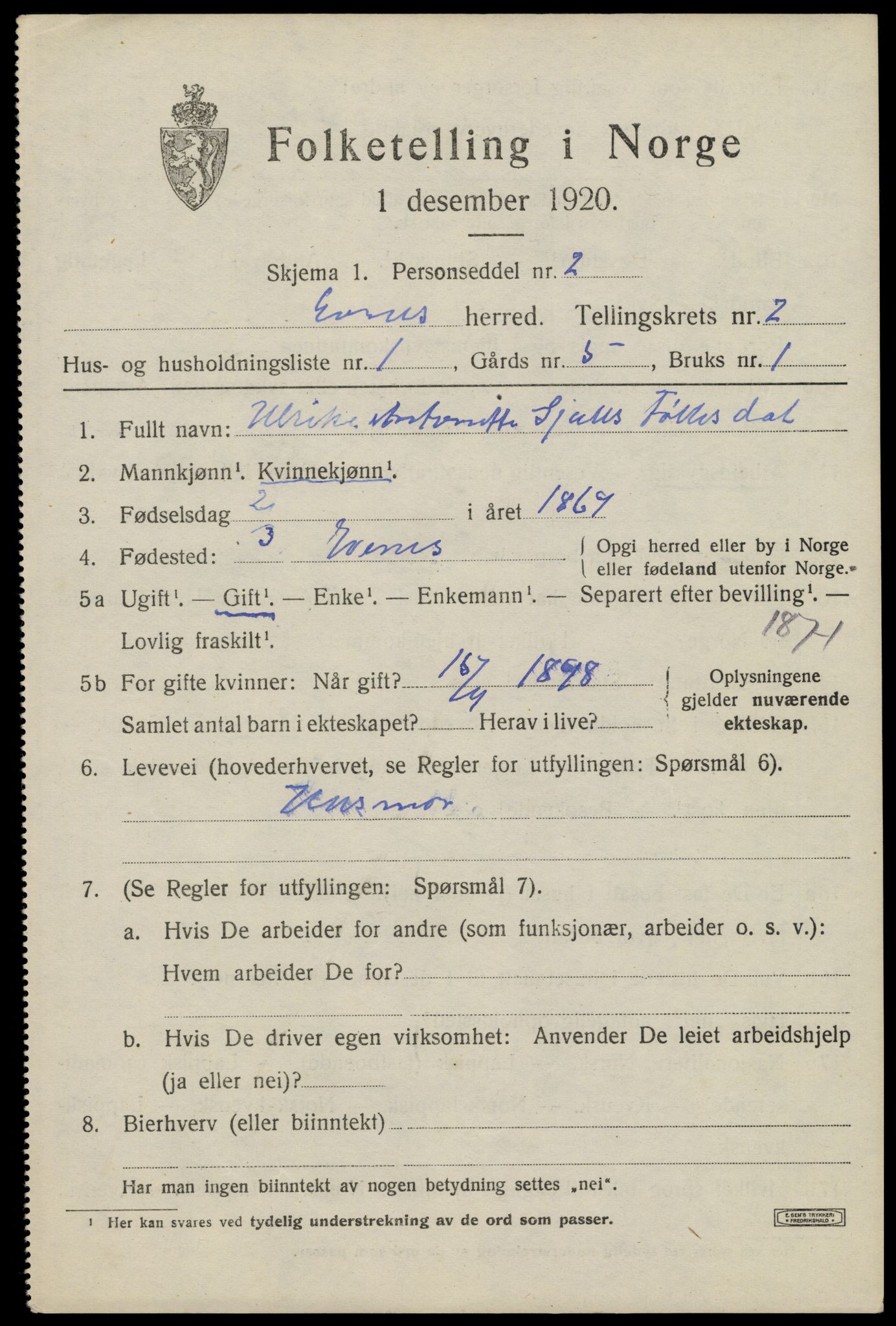 SAT, 1920 census for Evenes, 1920, p. 2416