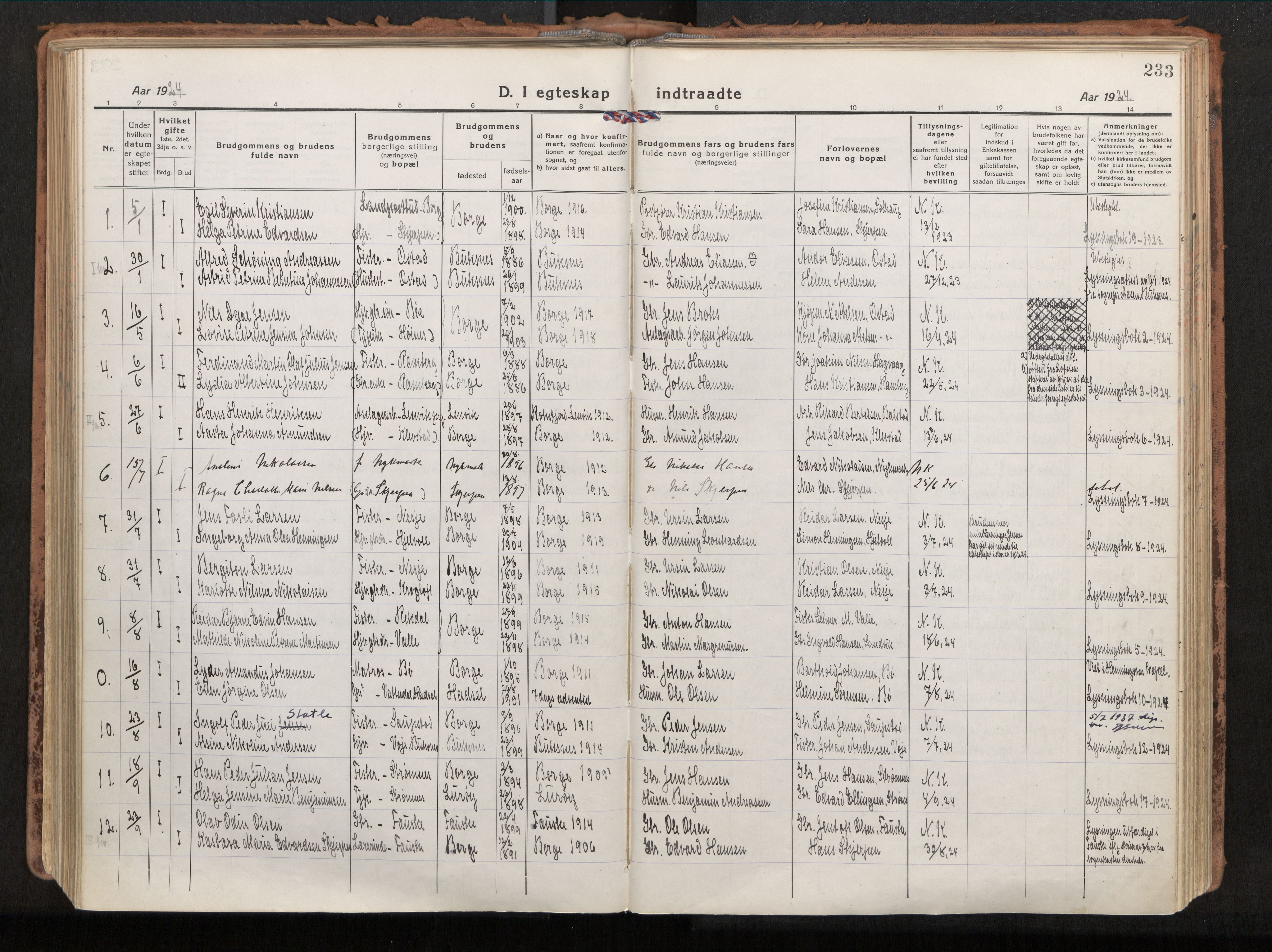 Ministerialprotokoller, klokkerbøker og fødselsregistre - Nordland, AV/SAT-A-1459/880/L1136: Parish register (official) no. 880A10, 1919-1927, p. 233
