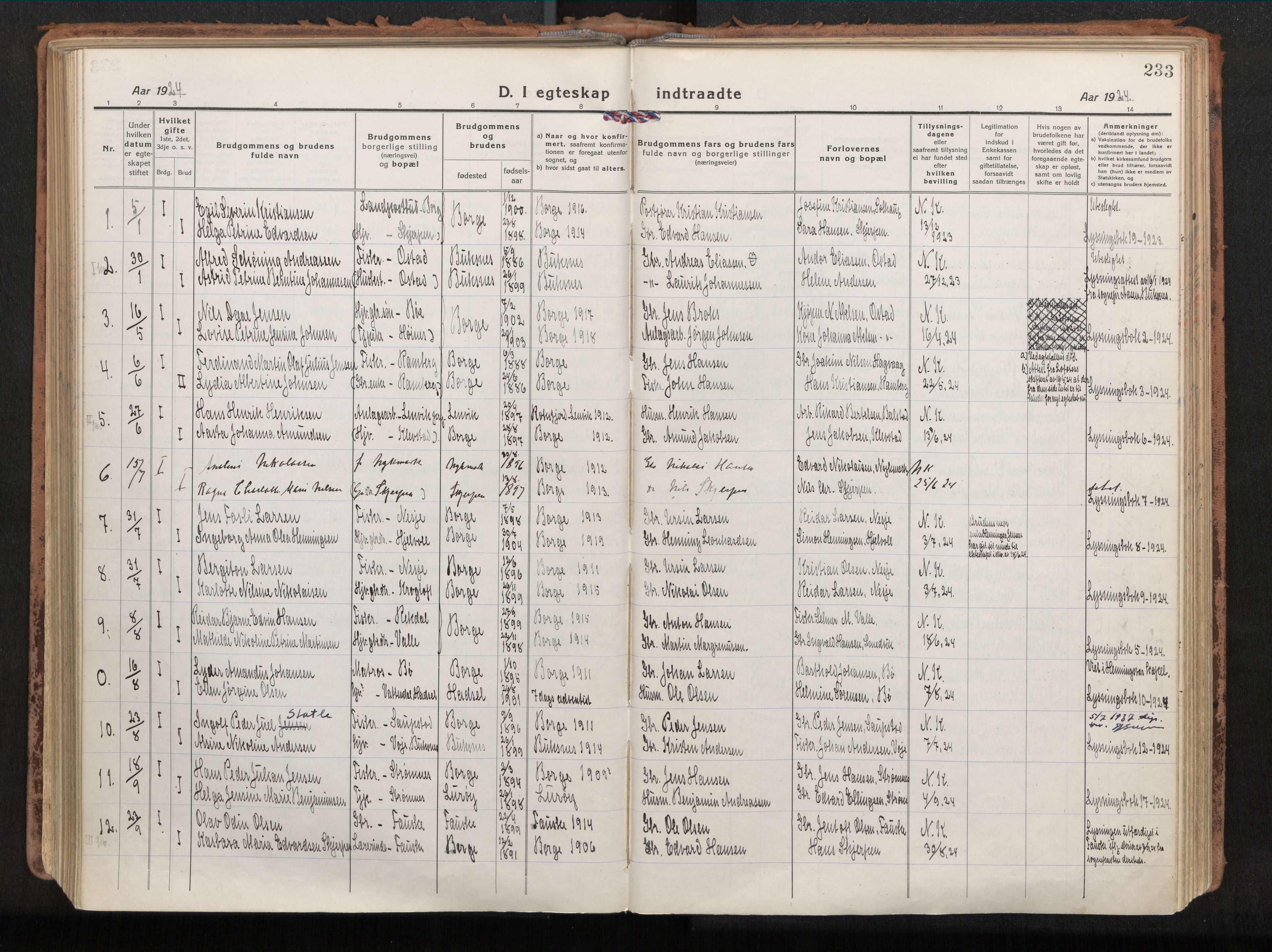 Ministerialprotokoller, klokkerbøker og fødselsregistre - Nordland, SAT/A-1459/880/L1136: Parish register (official) no. 880A10, 1919-1927, p. 233