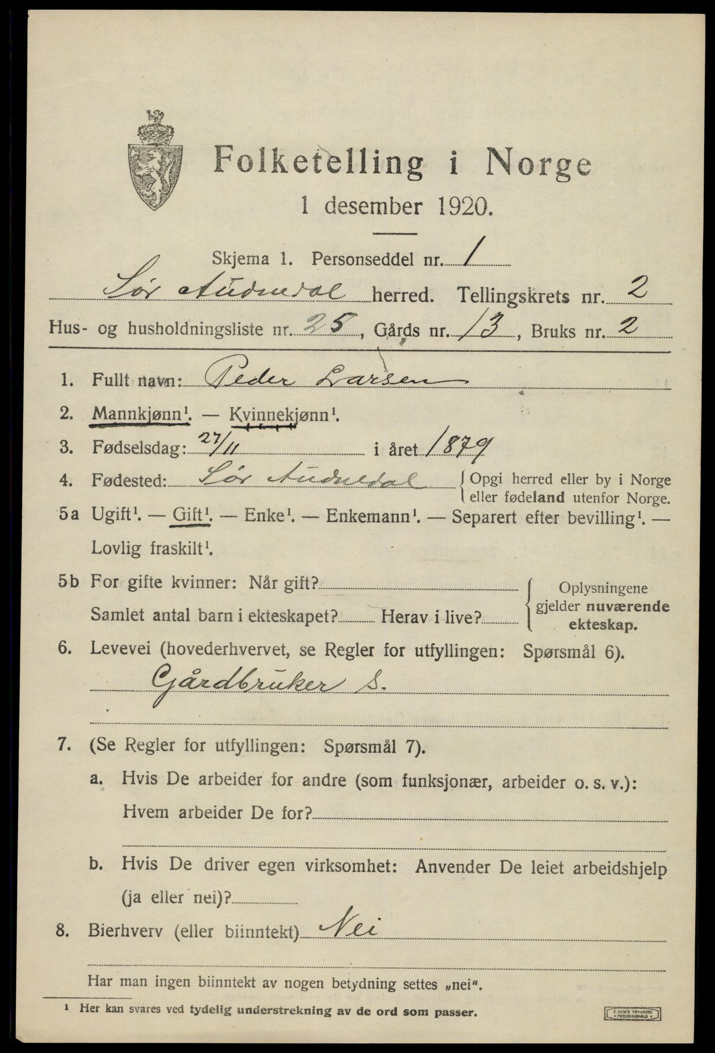 SAK, 1920 census for Sør-Audnedal, 1920, p. 1813