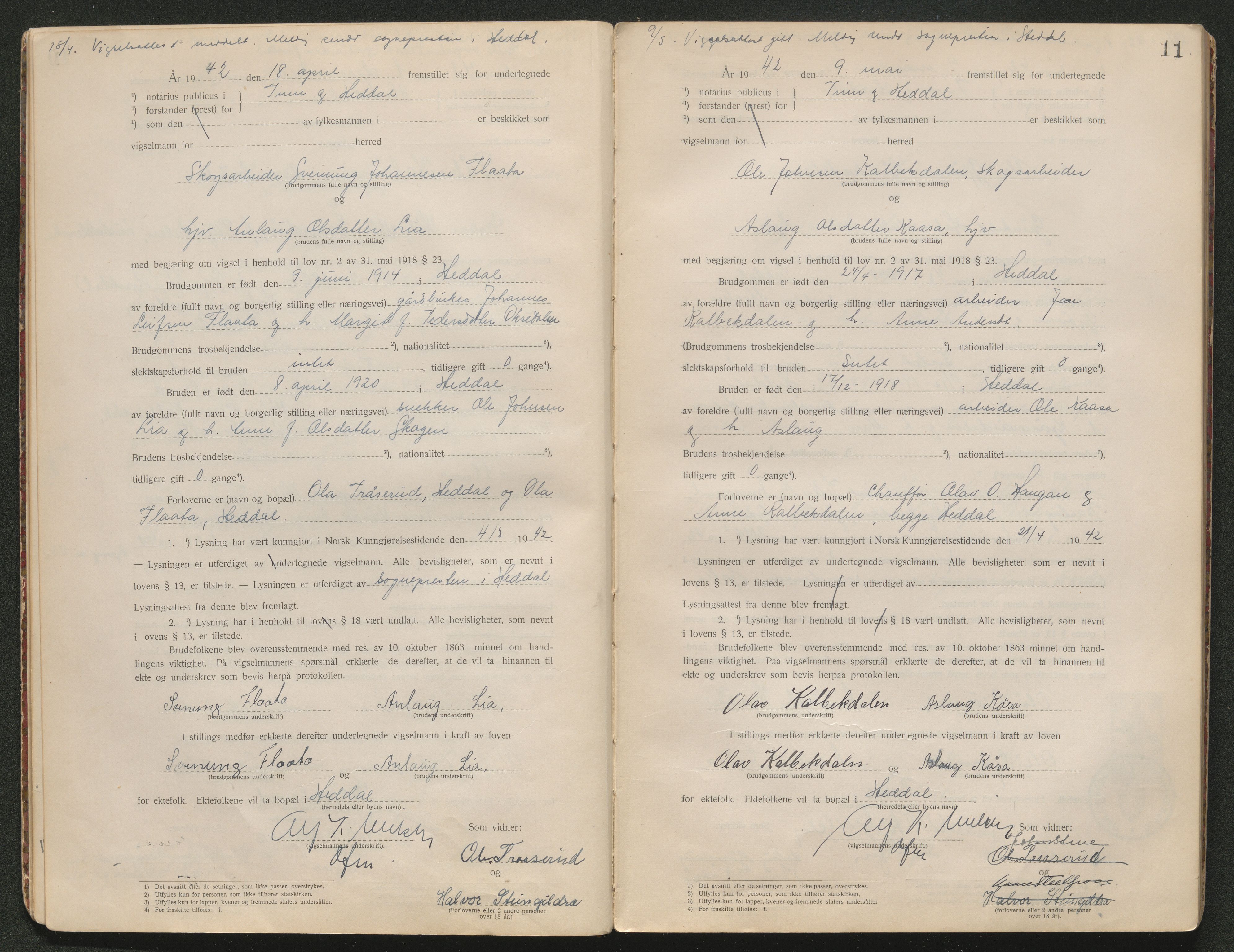 Tinn og Heddal sorenskriveri, AV/SAKO-A-212/L/La/L0003: Vigselsbok - , 1920-1945, p. 11