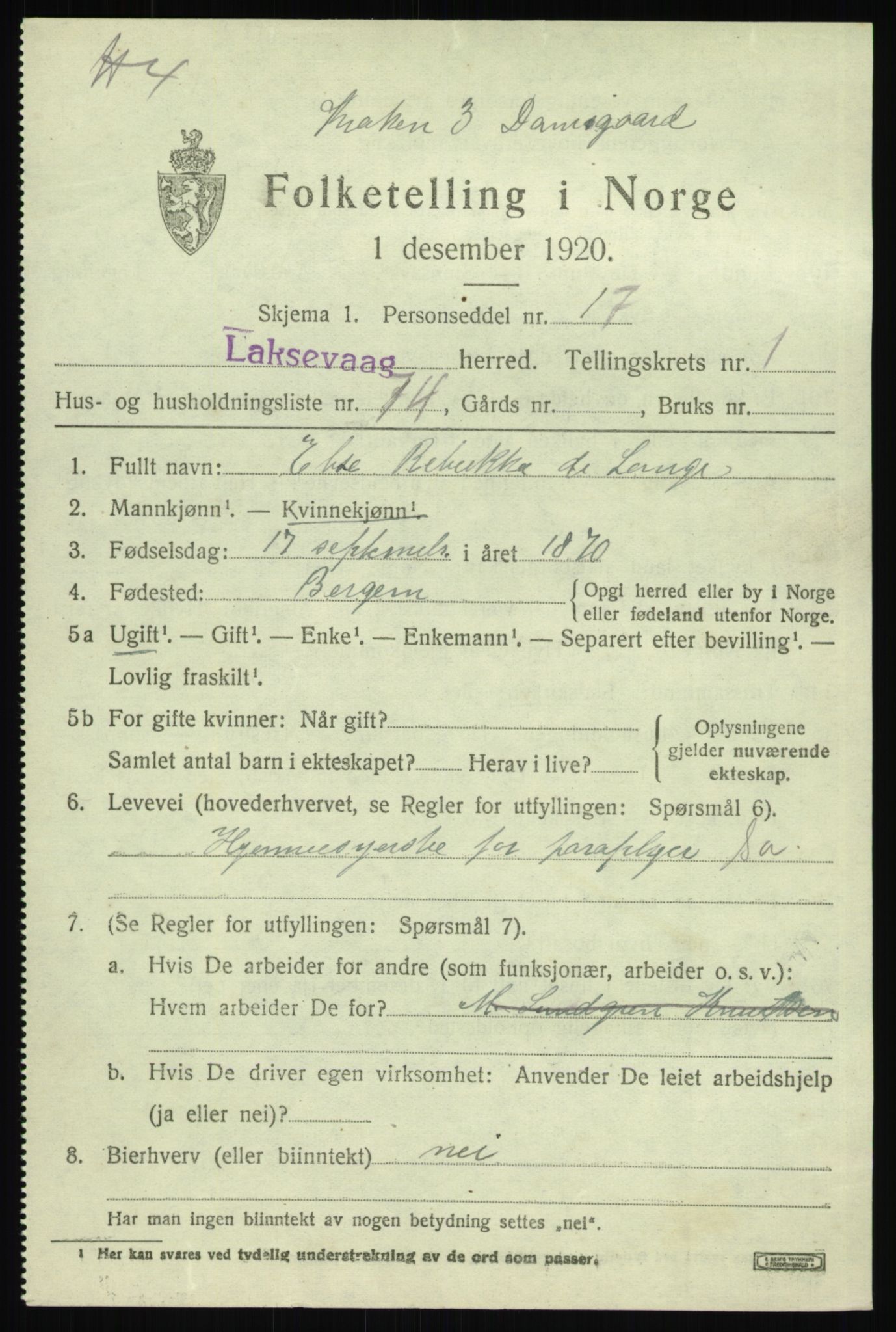 SAB, 1920 census for Laksevåg, 1920, p. 5118