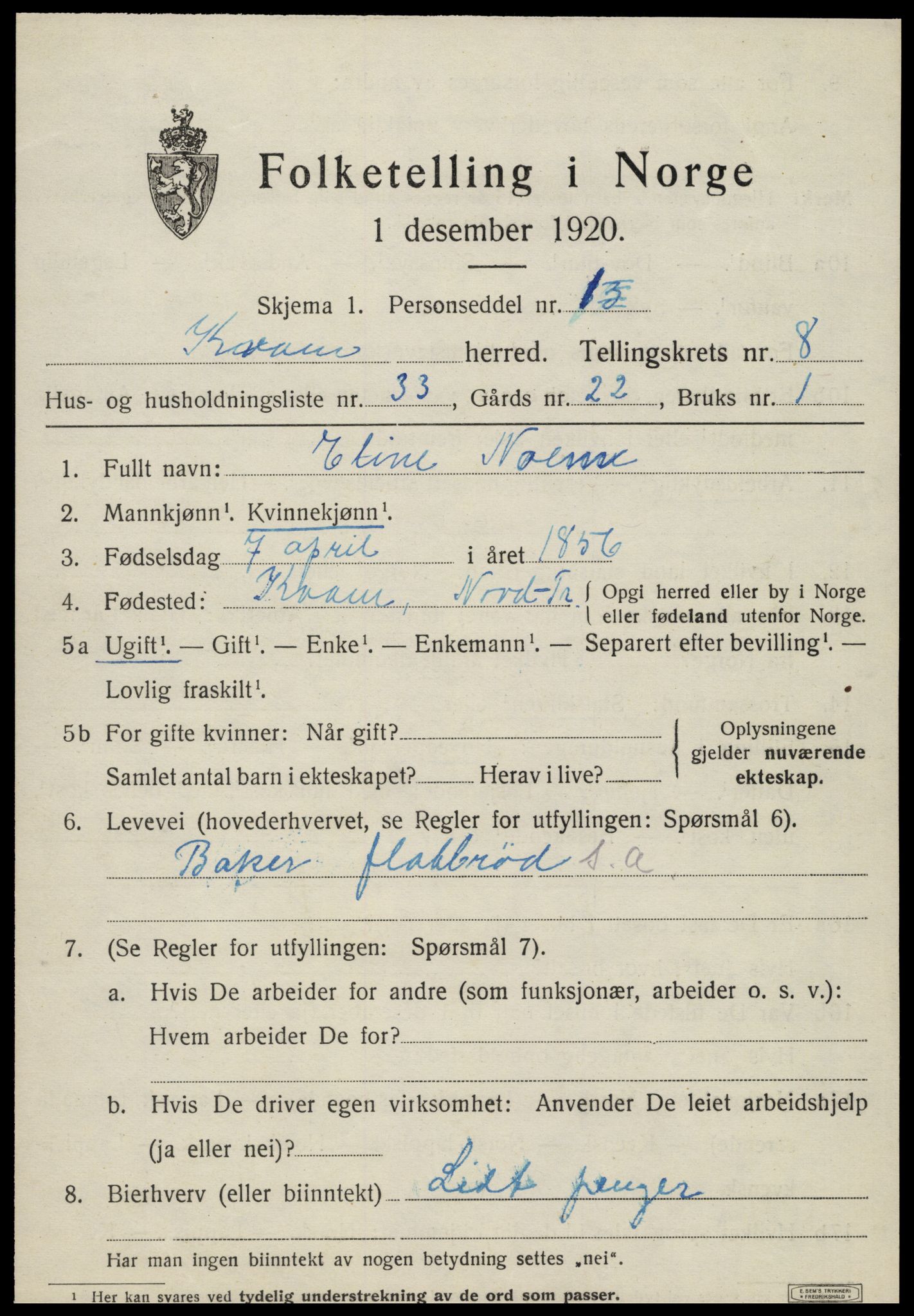 SAT, 1920 census for Kvam, 1920, p. 2329