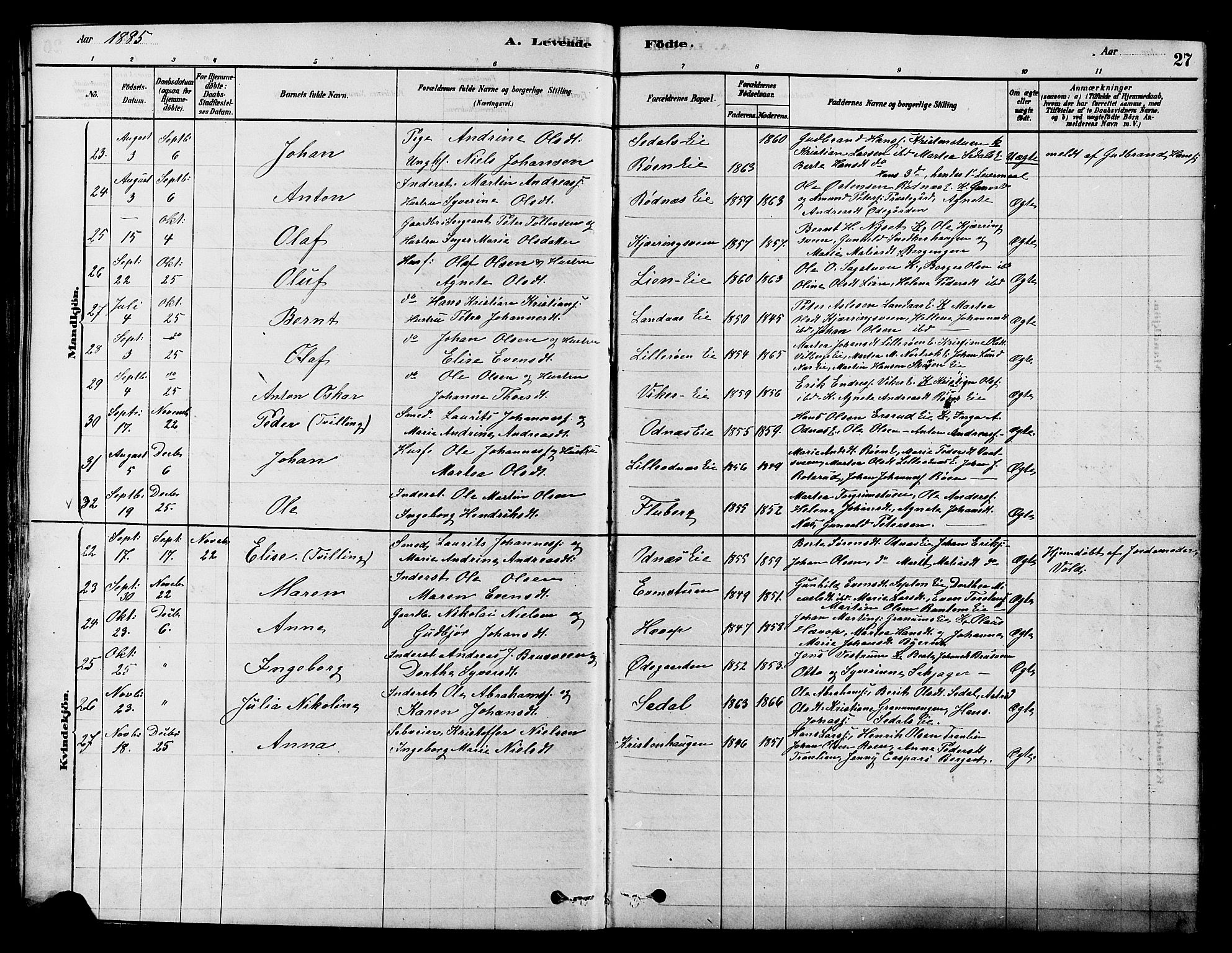 Søndre Land prestekontor, AV/SAH-PREST-122/K/L0002: Parish register (official) no. 2, 1878-1894, p. 27