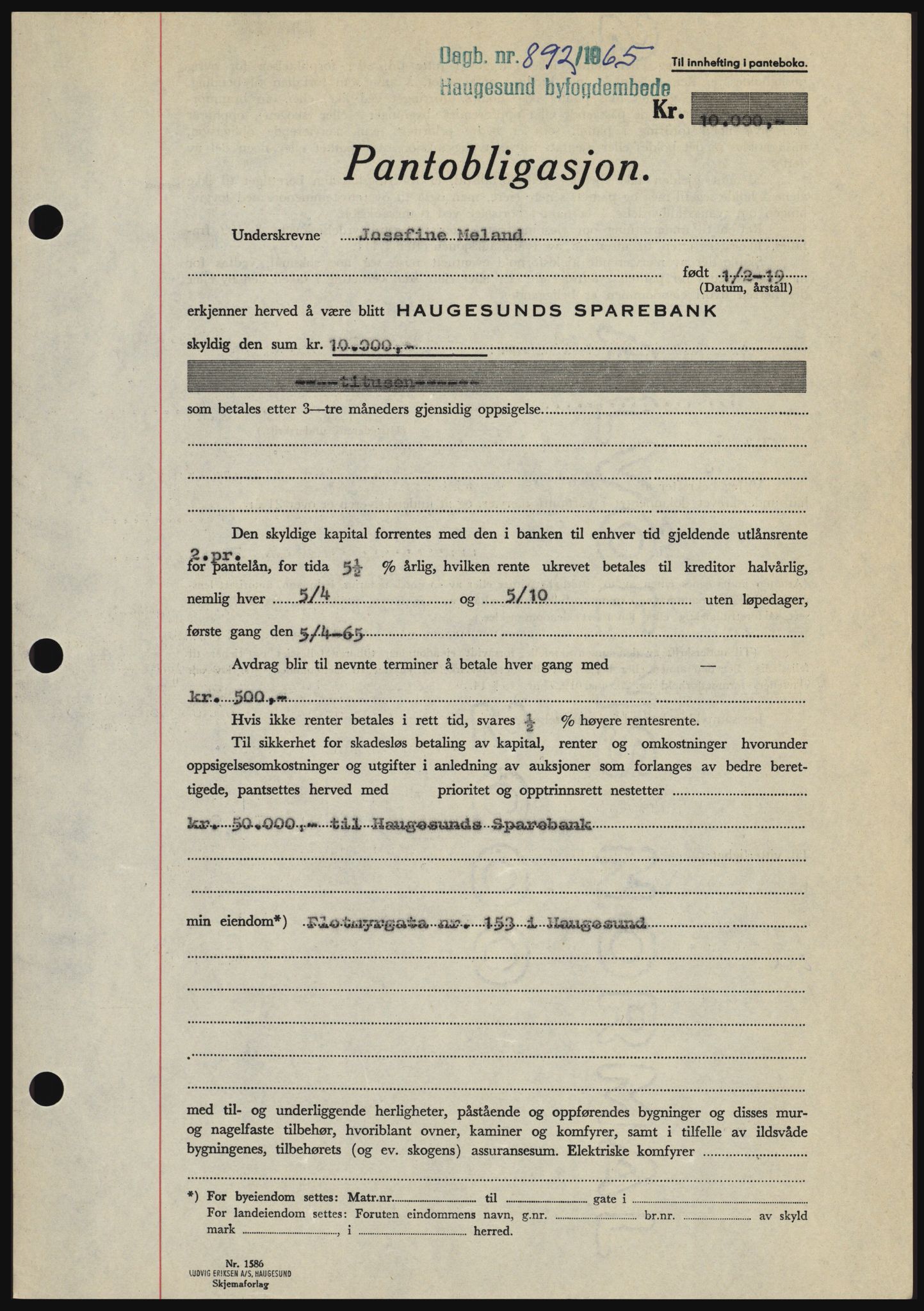 Haugesund tingrett, SAST/A-101415/01/II/IIC/L0053: Mortgage book no. B 53, 1965-1965, Diary no: : 892/1965
