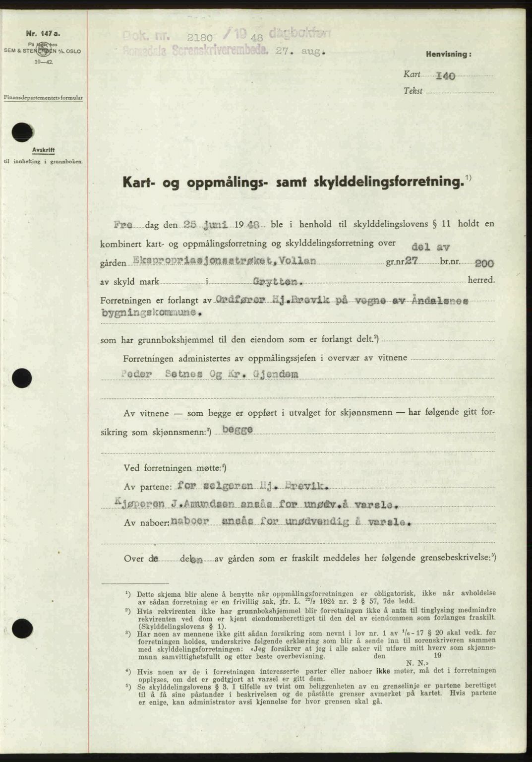 Romsdal sorenskriveri, AV/SAT-A-4149/1/2/2C: Mortgage book no. A27, 1948-1948, Diary no: : 2180/1948