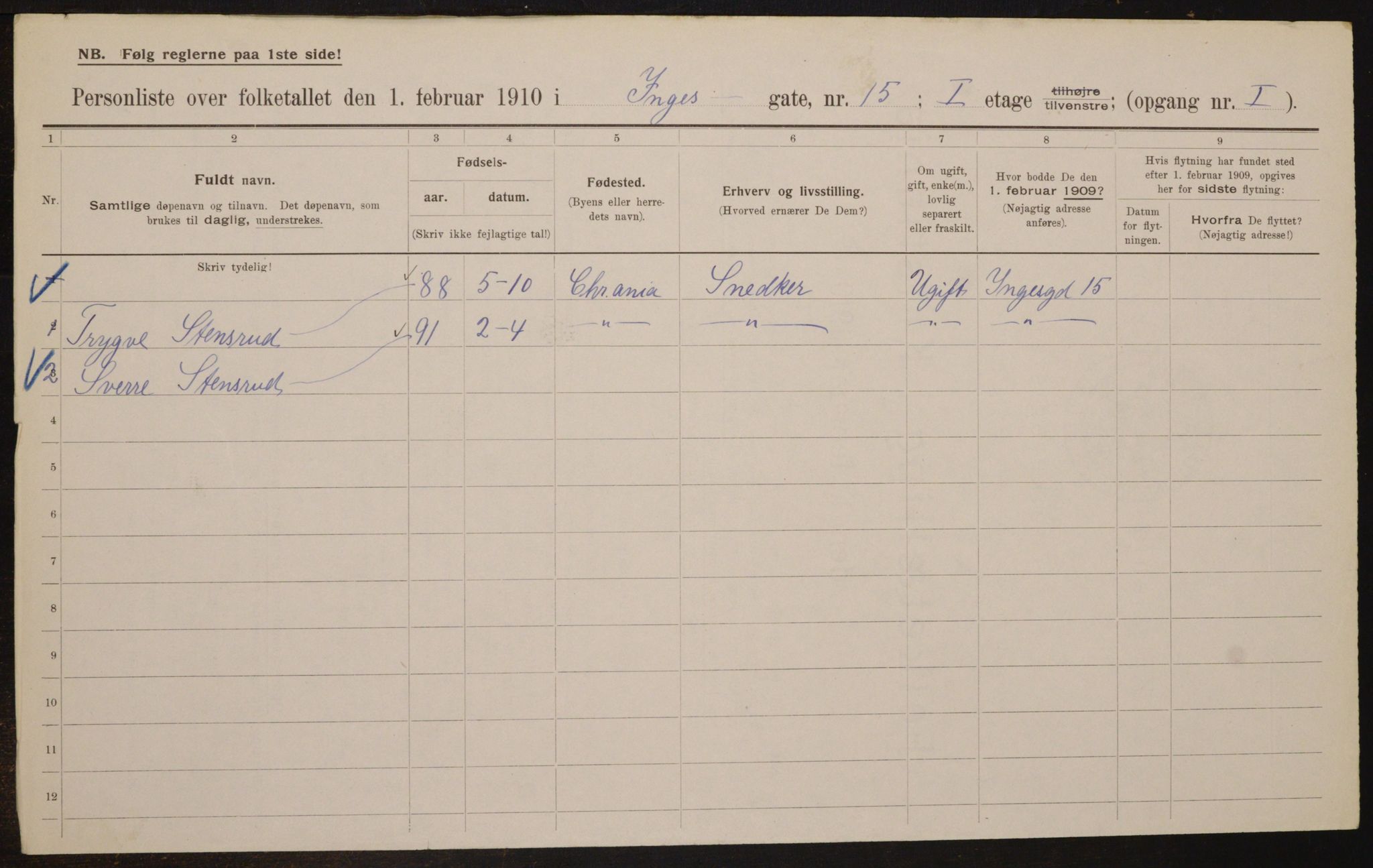 OBA, Municipal Census 1910 for Kristiania, 1910, p. 42998