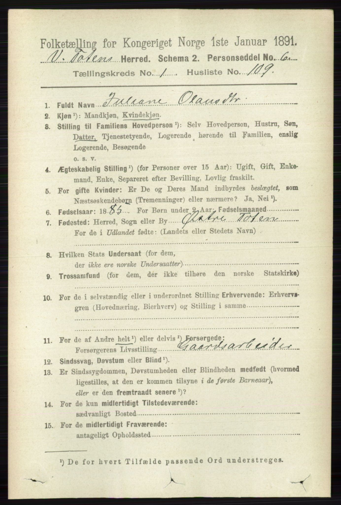 RA, 1891 census for 0529 Vestre Toten, 1891, p. 1083