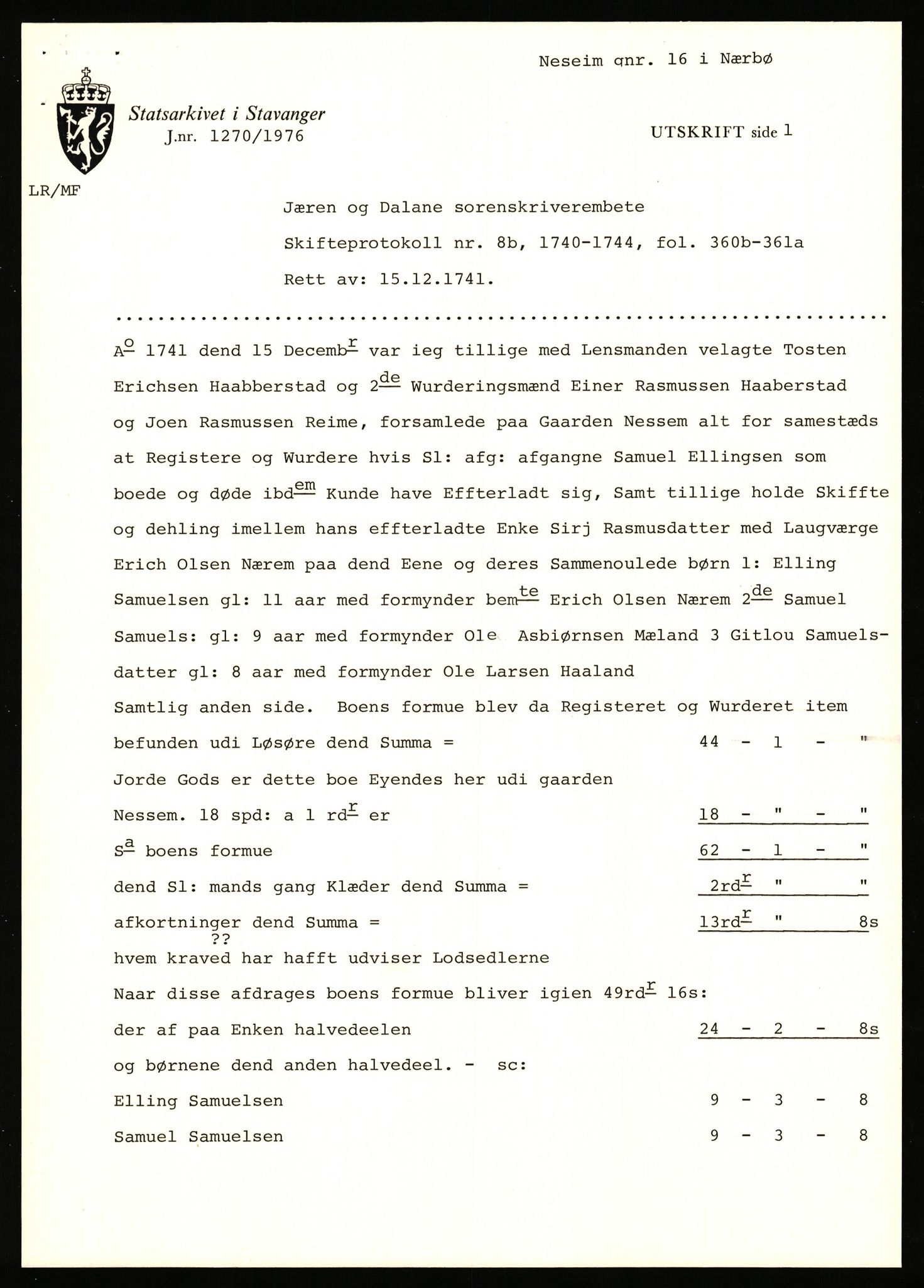 Statsarkivet i Stavanger, SAST/A-101971/03/Y/Yj/L0062: Avskrifter sortert etter gårdsnavn: Nese - Nodland på neset, 1750-1930, p. 176