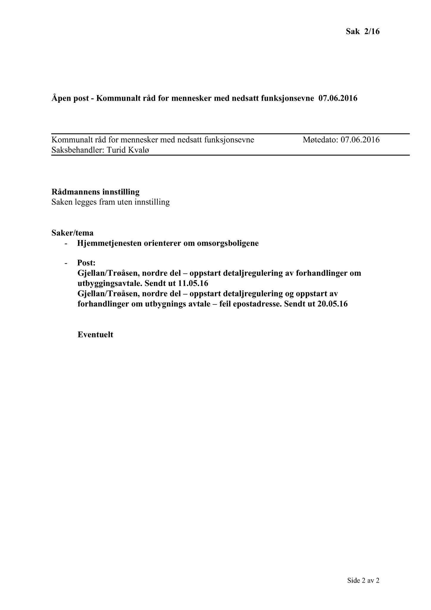 Klæbu Kommune, TRKO/KK/08-KMNF/L006: Kommunalt råd for mennesker med nedsatt funksjonsevne - Møteoversikt, 2016, p. 9