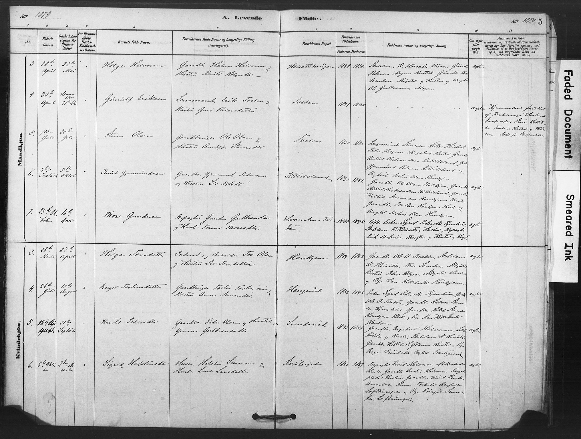 Rollag kirkebøker, AV/SAKO-A-240/F/Fb/L0001: Parish register (official) no. II 1, 1878-1899, p. 5