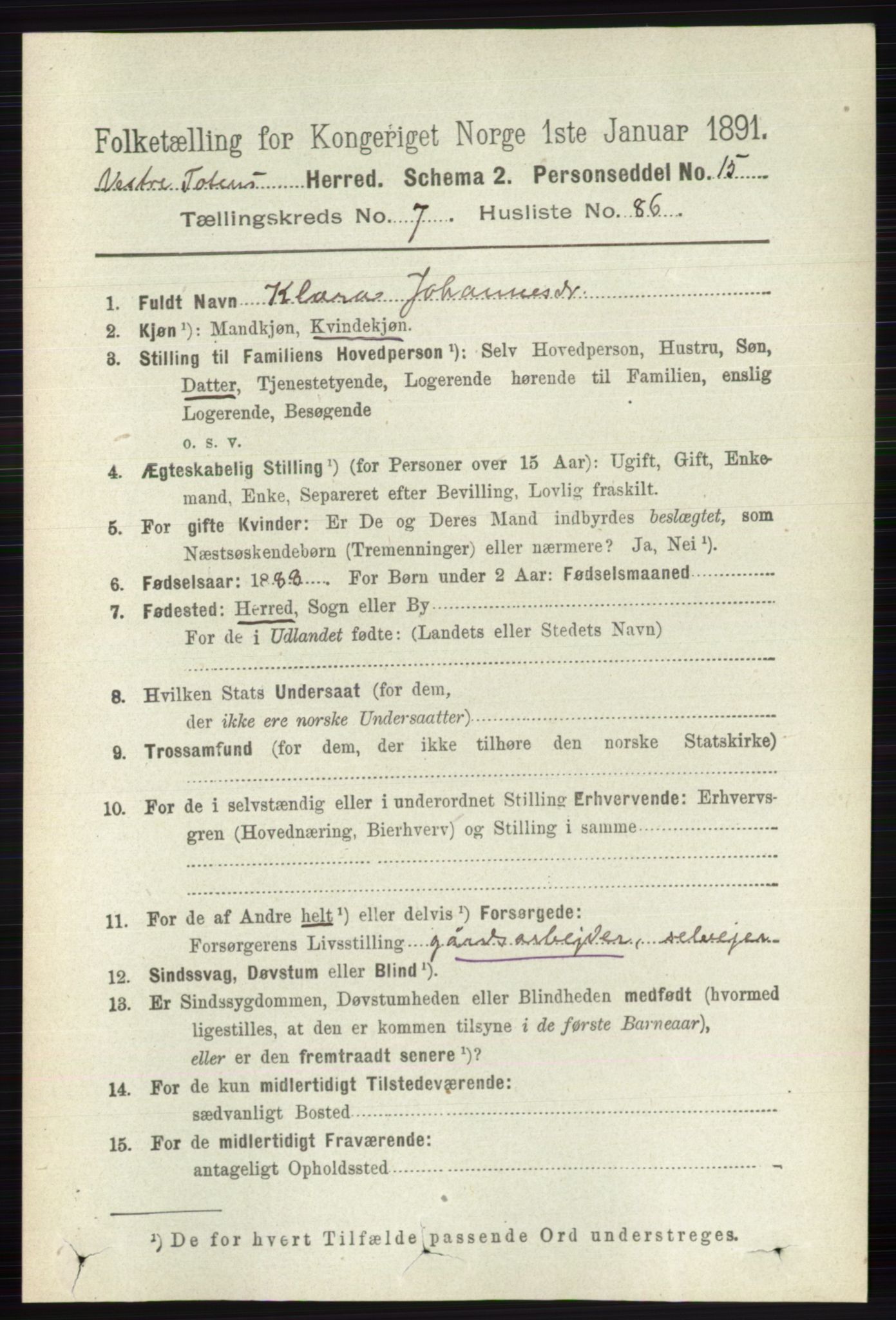 RA, 1891 census for 0529 Vestre Toten, 1891, p. 4870