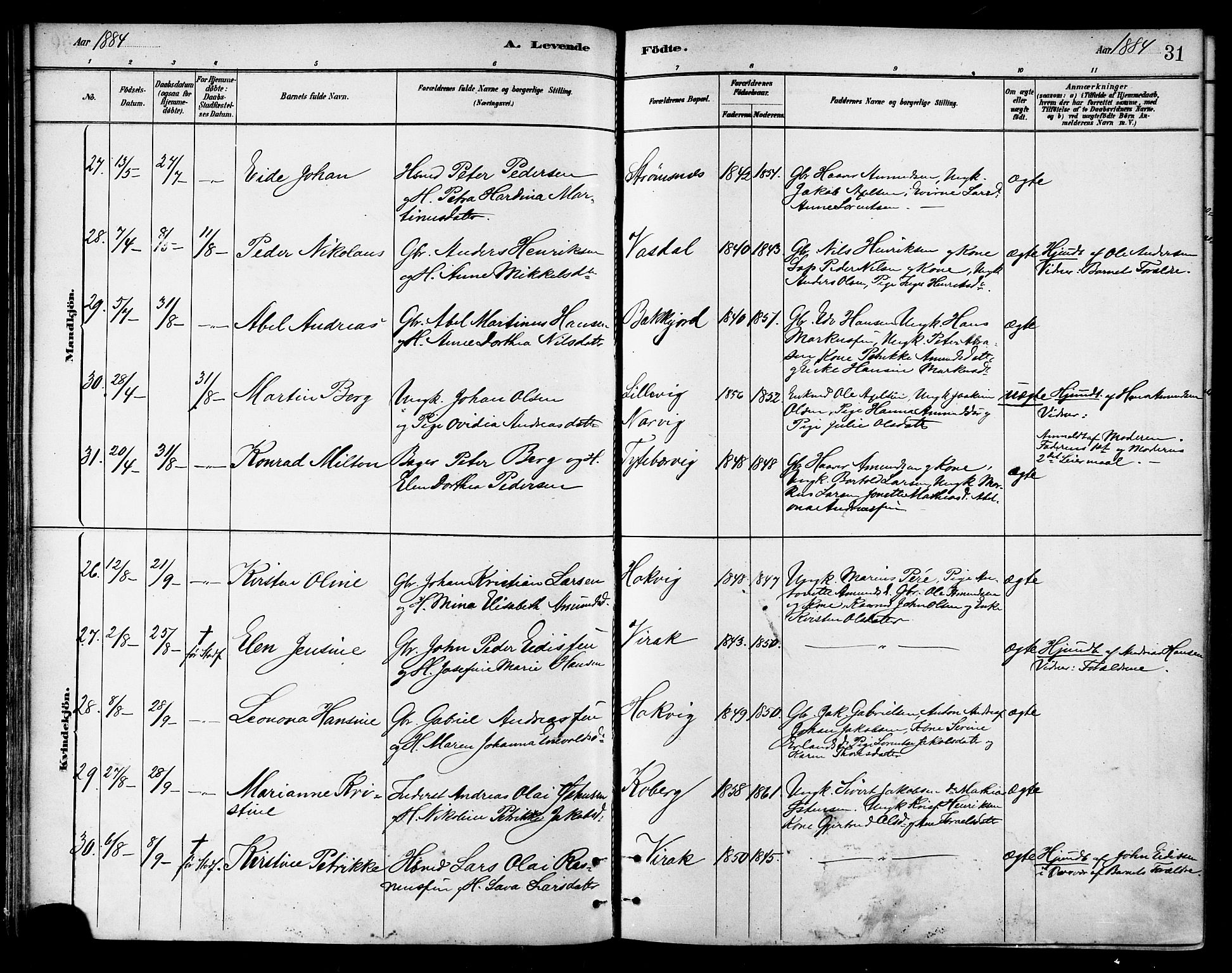 Ministerialprotokoller, klokkerbøker og fødselsregistre - Nordland, SAT/A-1459/866/L0938: Parish register (official) no. 866A01, 1879-1893, p. 31