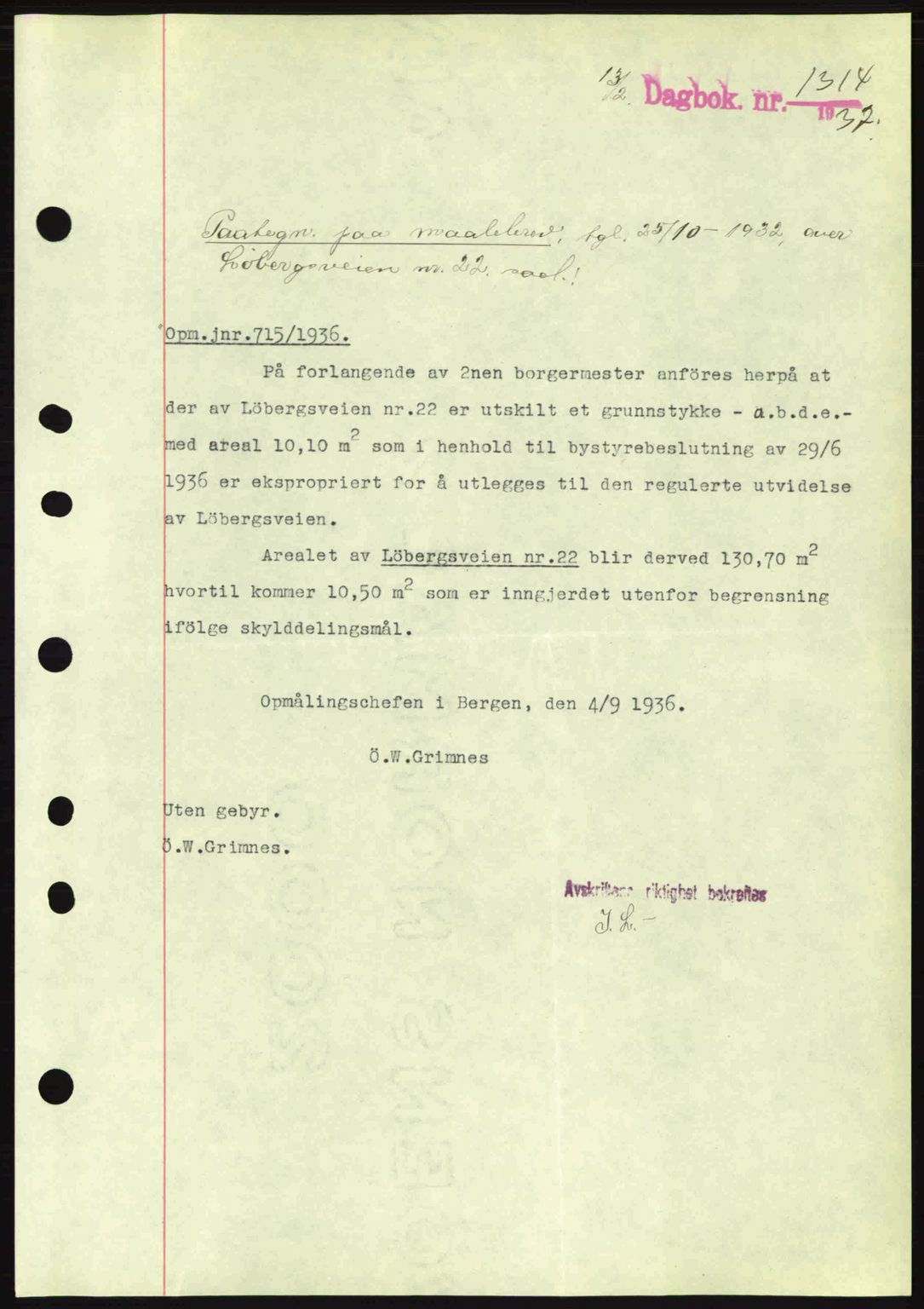 Byfogd og Byskriver i Bergen, SAB/A-3401/03/03Bc/L0004: Mortgage book no. A3-4, 1936-1937, Diary no: : 1314/1937