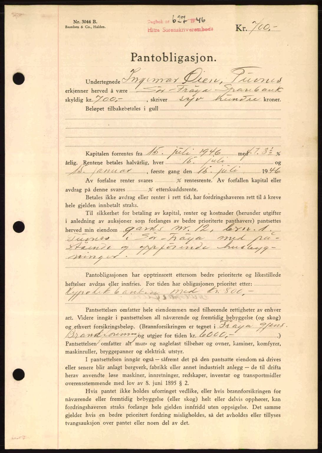 Hitra sorenskriveri, AV/SAT-A-0018/2/2C/2Ca: Mortgage book no. B1, 1939-1949, Diary no: : 627/1946