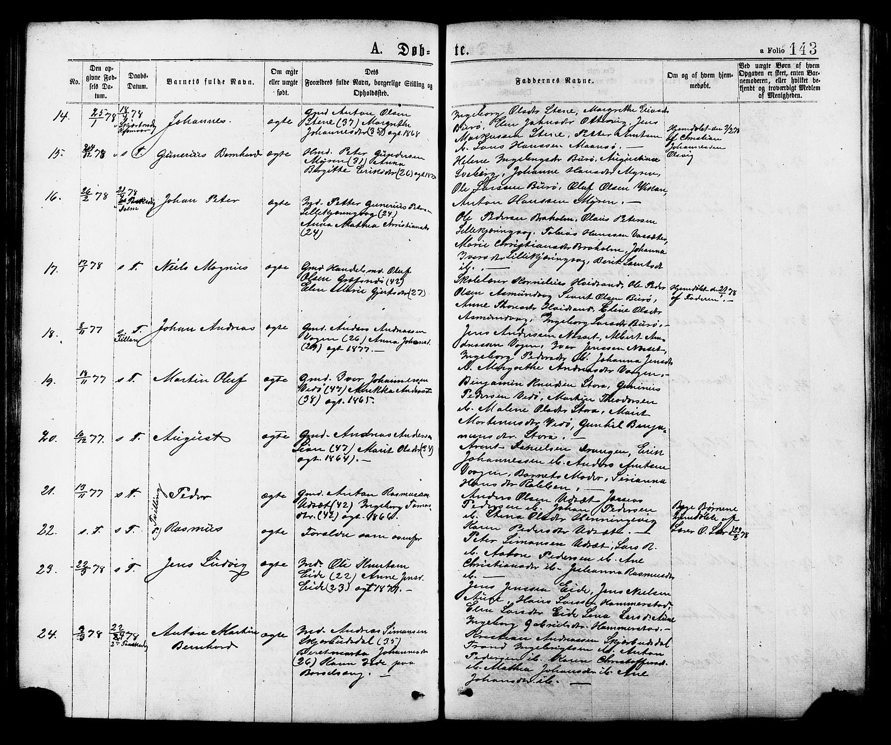 Ministerialprotokoller, klokkerbøker og fødselsregistre - Sør-Trøndelag, SAT/A-1456/634/L0532: Parish register (official) no. 634A08, 1871-1881, p. 143