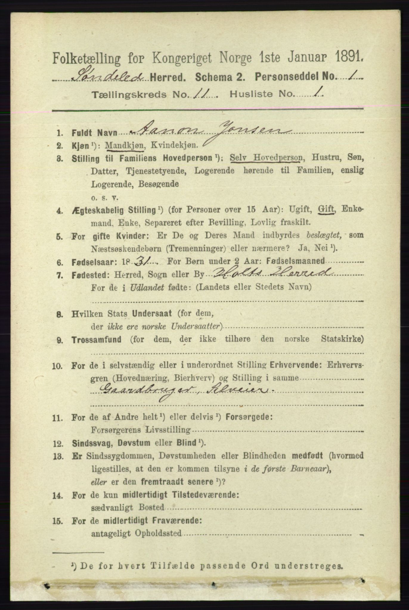 RA, 1891 census for 0913 Søndeled, 1891, p. 3291