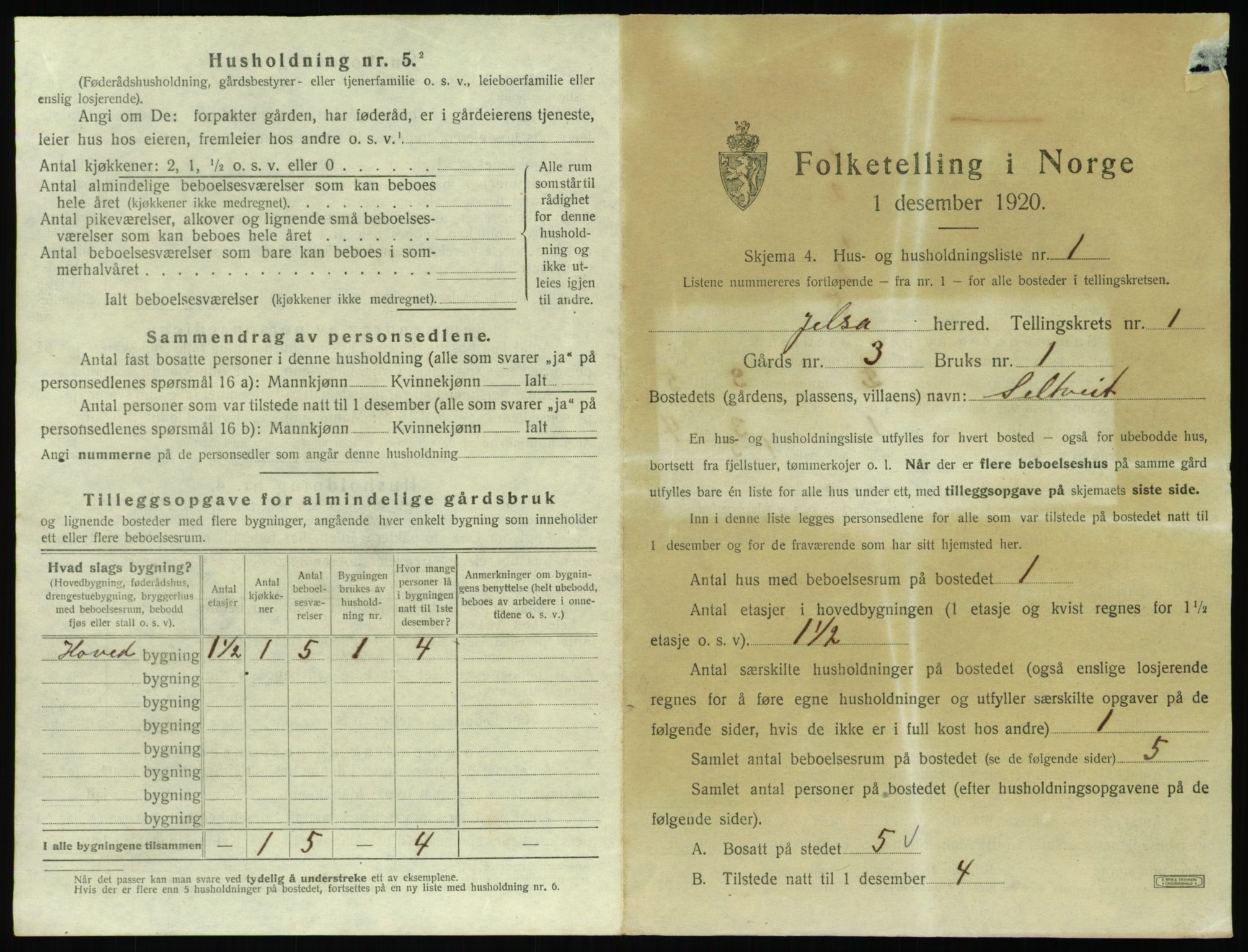 SAST, 1920 census for Jelsa, 1920, p. 56