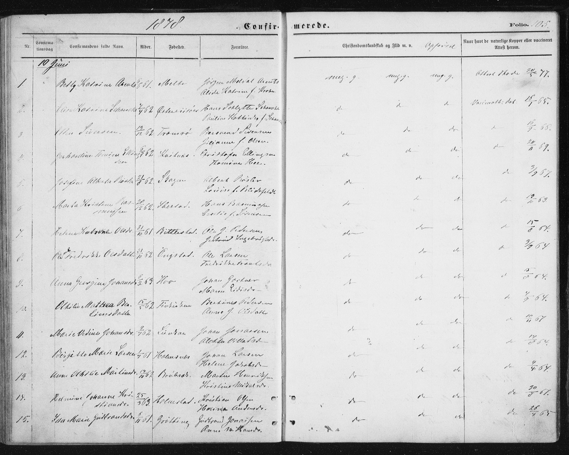 Ministerialprotokoller, klokkerbøker og fødselsregistre - Nordland, SAT/A-1459/888/L1243: Parish register (official) no. 888A09, 1876-1879, p. 105