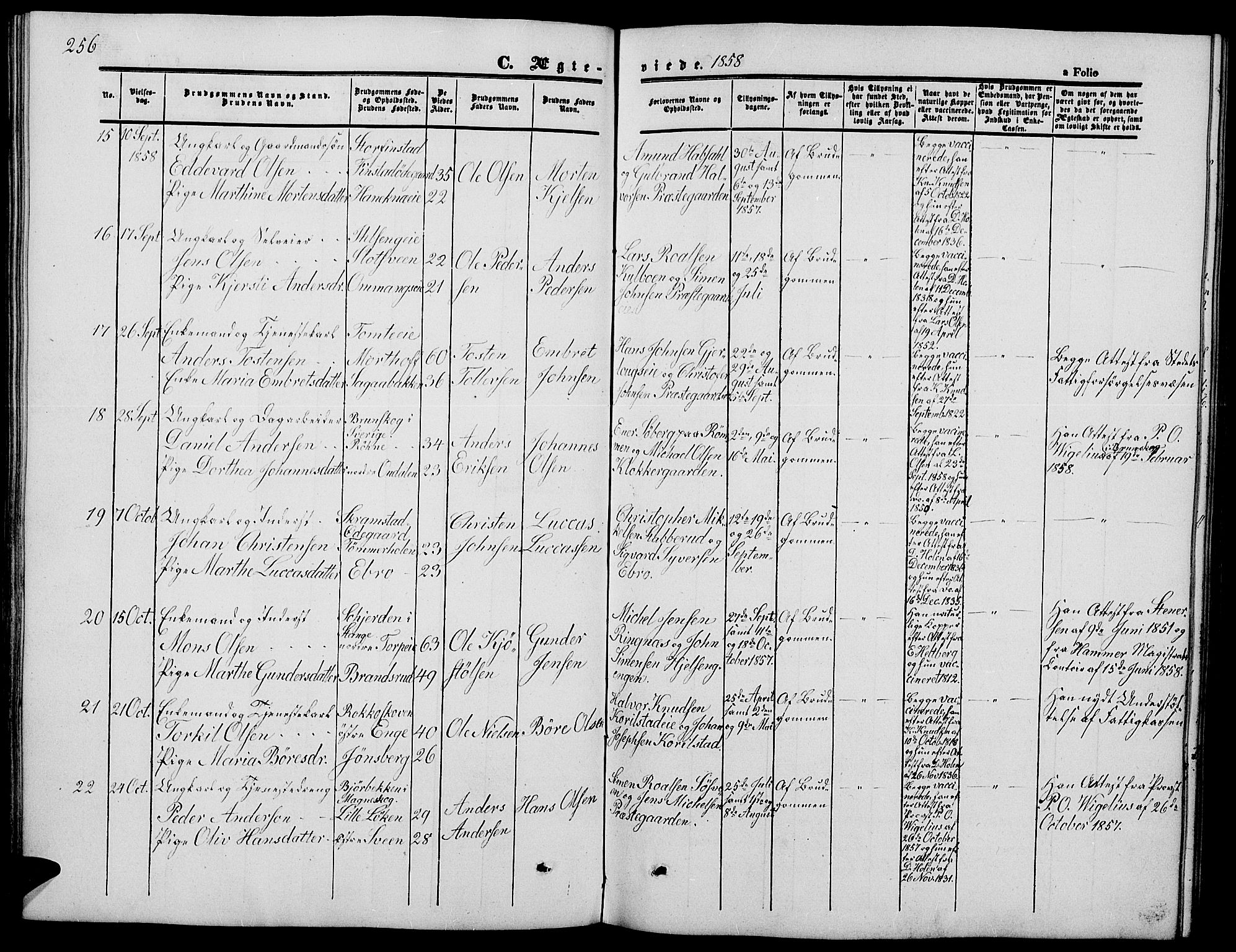 Løten prestekontor, AV/SAH-PREST-022/L/La/L0003: Parish register (copy) no. 3, 1850-1862, p. 256