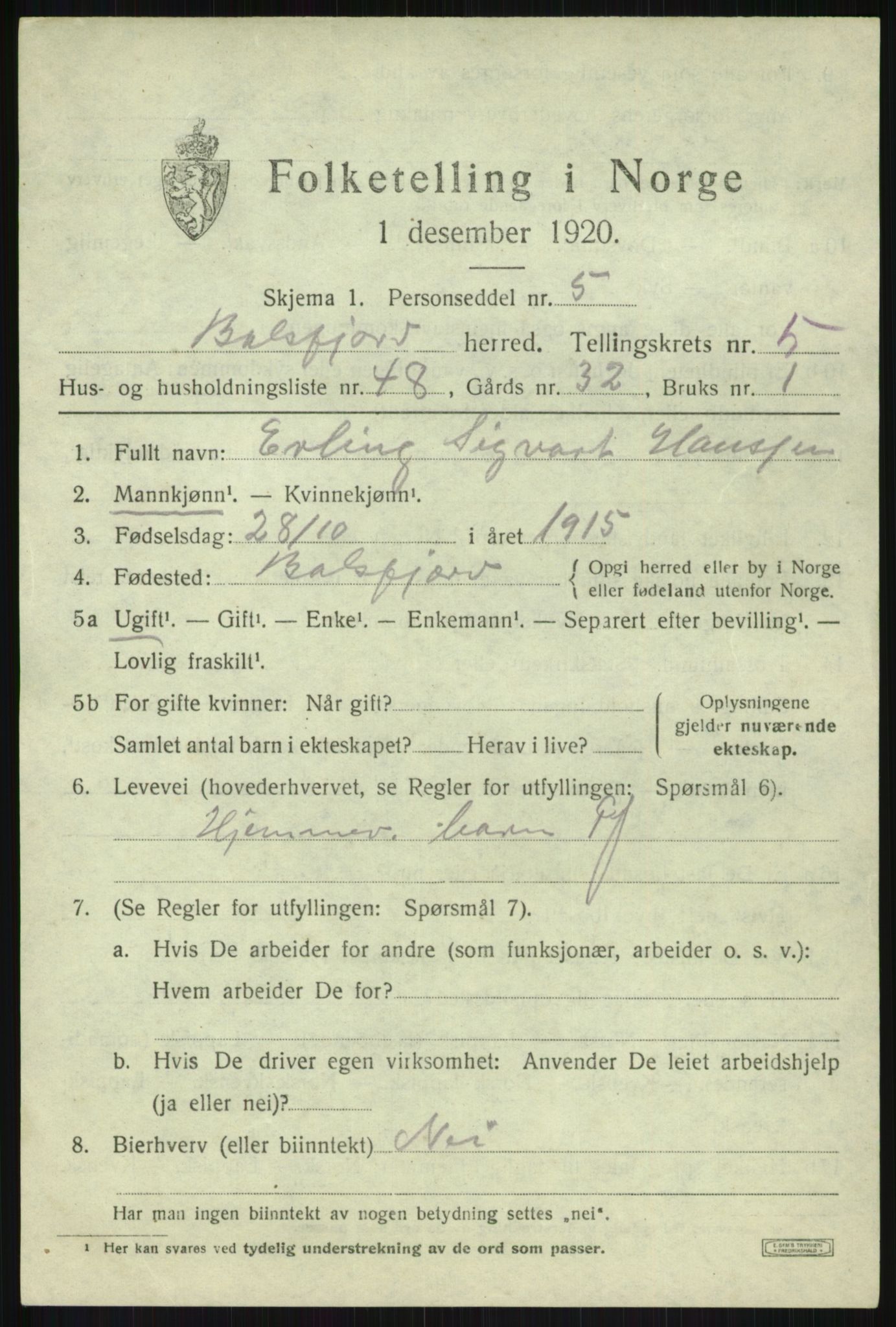 SATØ, 1920 census for Balsfjord, 1920, p. 3733