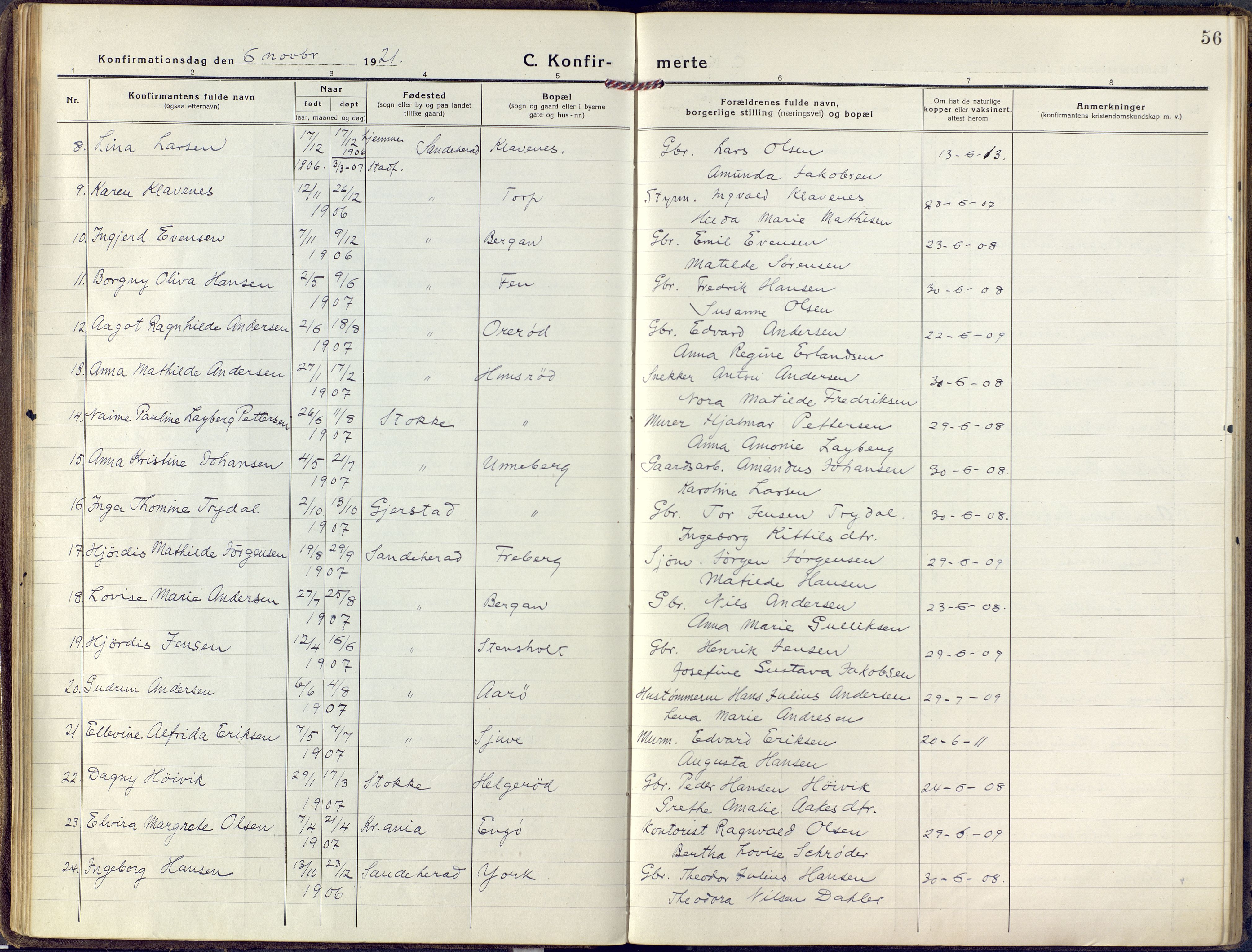 Sandar kirkebøker, AV/SAKO-A-243/F/Fa/L0018: Parish register (official) no. 18, 1917-1926, p. 56