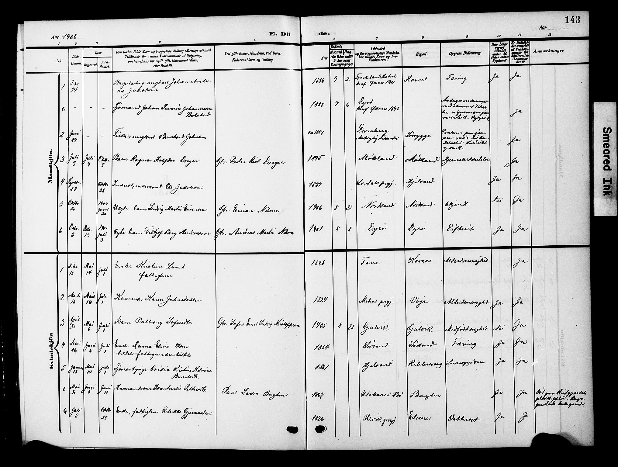 Ministerialprotokoller, klokkerbøker og fødselsregistre - Nordland, SAT/A-1459/893/L1350: Parish register (copy) no. 893C05, 1906-1927, p. 143