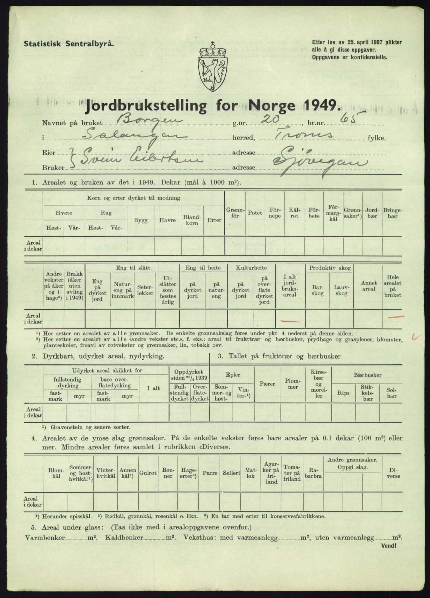 Statistisk sentralbyrå, Næringsøkonomiske emner, Jordbruk, skogbruk, jakt, fiske og fangst, AV/RA-S-2234/G/Gc/L0438: Troms: Salangen og Bardu, 1949, p. 9