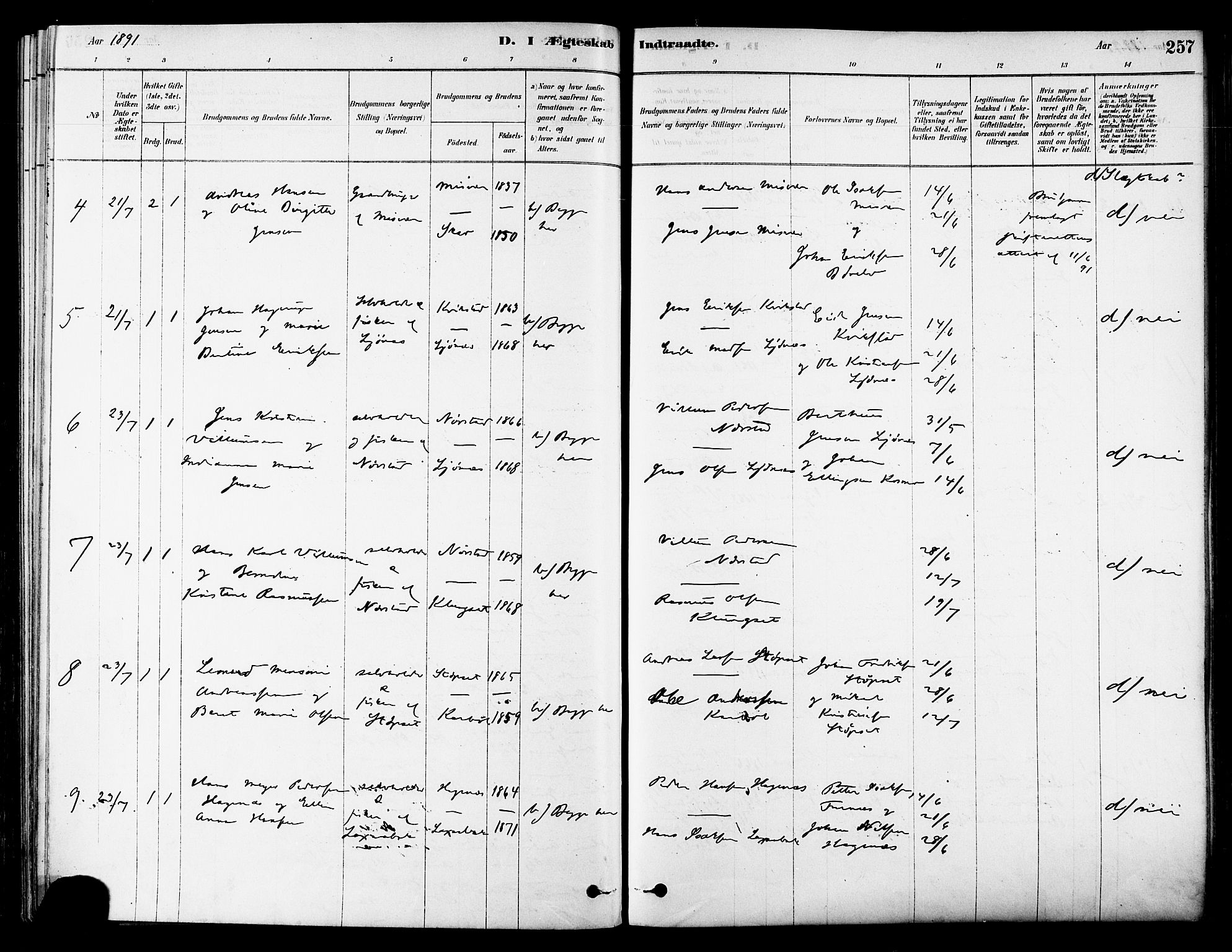 Ministerialprotokoller, klokkerbøker og fødselsregistre - Nordland, SAT/A-1459/852/L0740: Parish register (official) no. 852A10, 1878-1894, p. 257