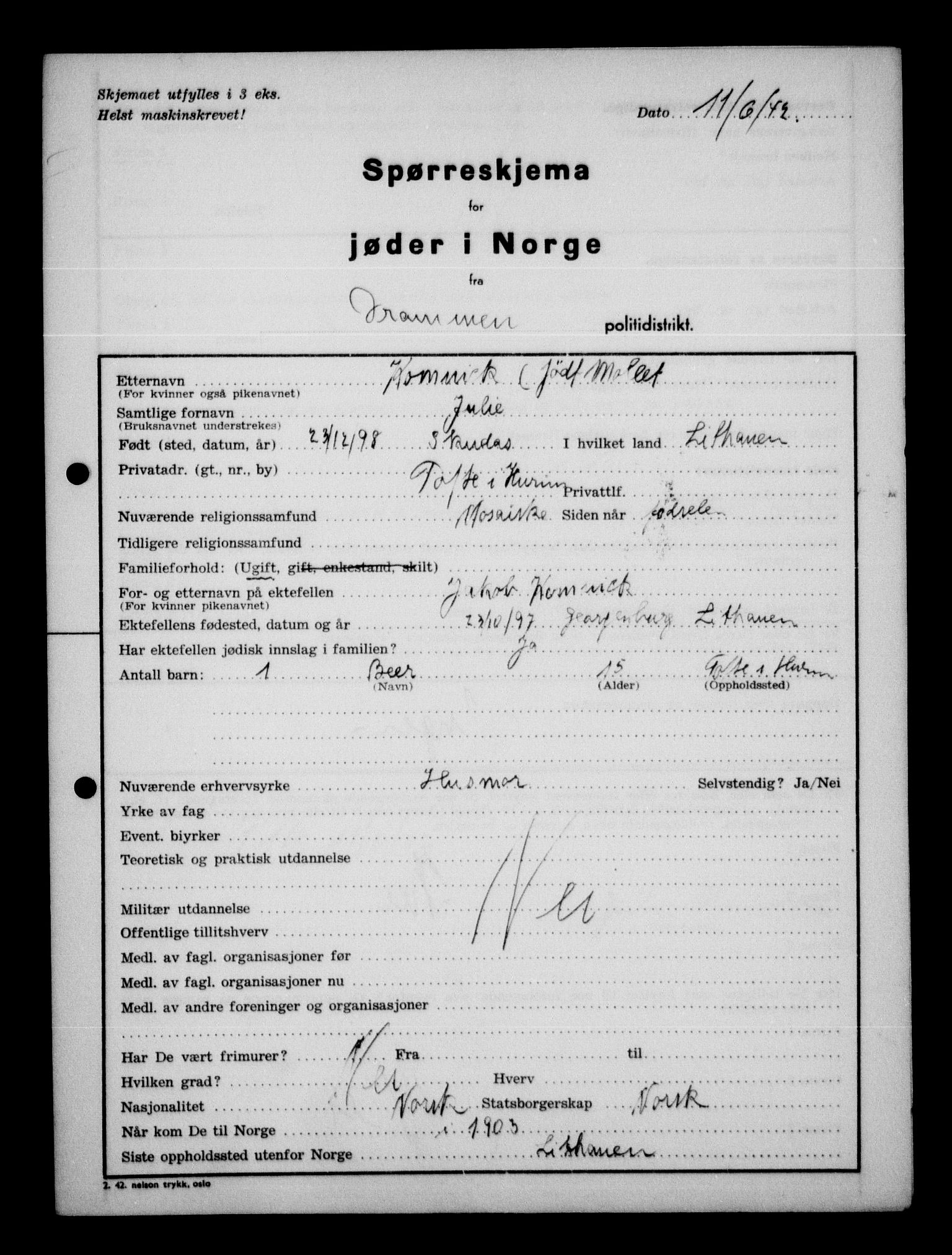 Statspolitiet - Hovedkontoret / Osloavdelingen, AV/RA-S-1329/G/Ga/L0012: Spørreskjema for jøder i Norge. 1: Aker 114- 207 (Levinson-Wozak) og 656 (Salomon). 2: Arendal-Hordaland. 3: Horten-Romerike.  , 1942, p. 390