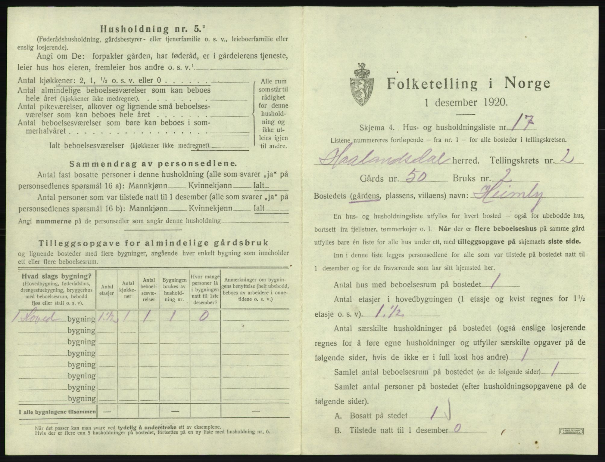 SAB, 1920 census for Hålandsdal, 1920, p. 92