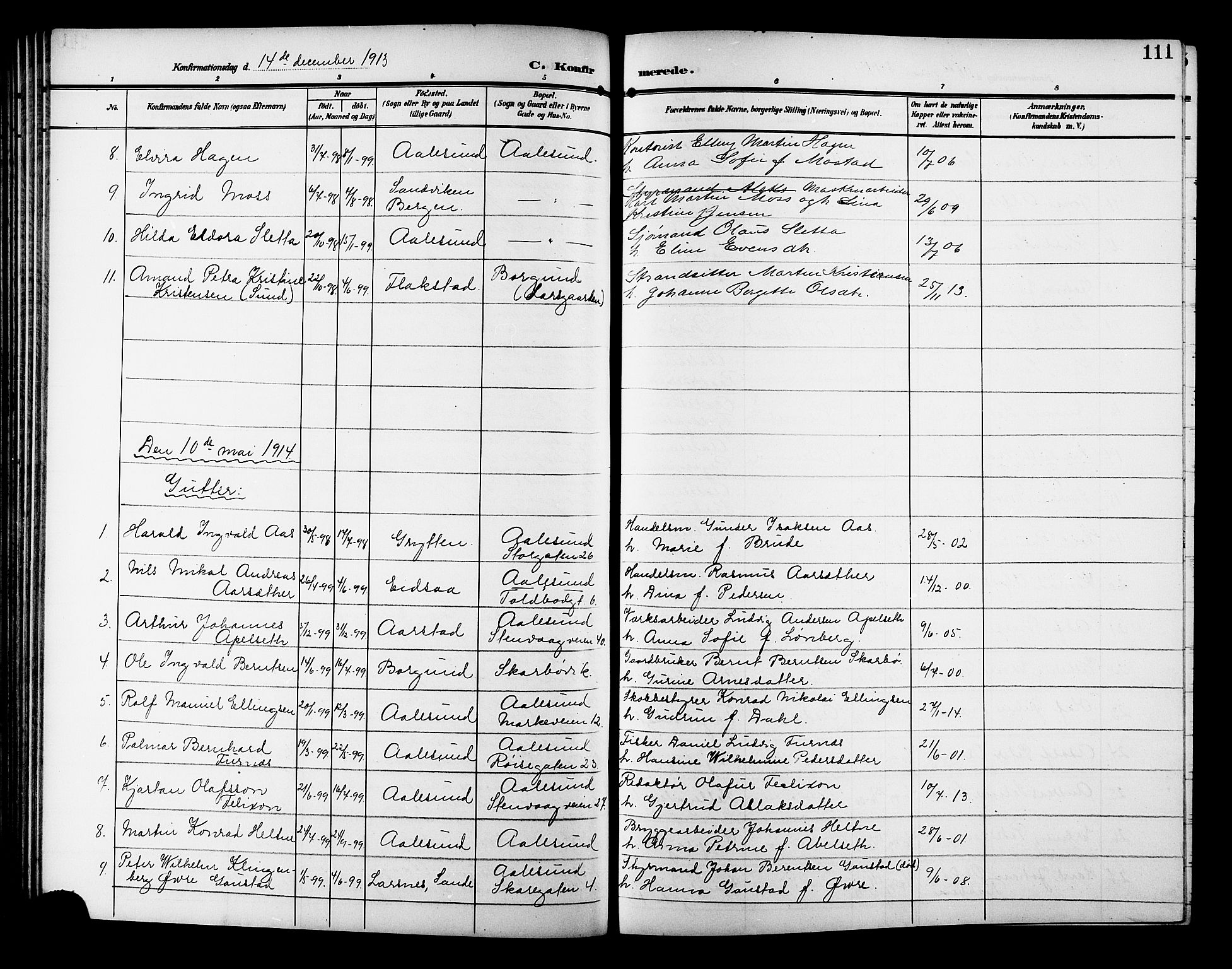 Ministerialprotokoller, klokkerbøker og fødselsregistre - Møre og Romsdal, AV/SAT-A-1454/529/L0470: Parish register (copy) no. 529C07, 1907-1917, p. 111