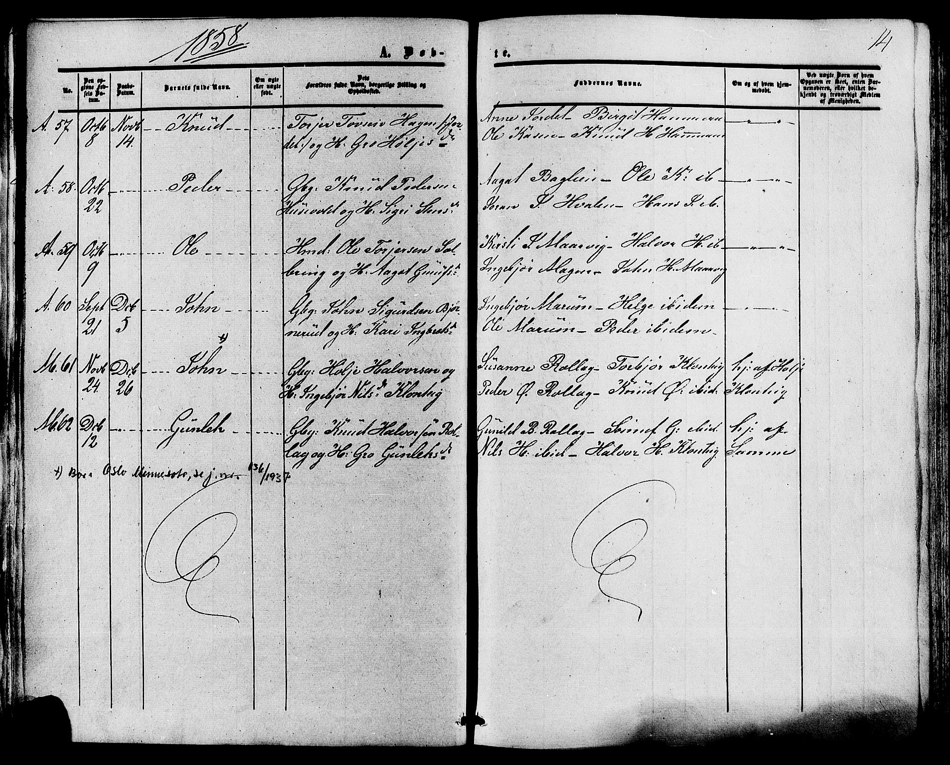 Tinn kirkebøker, AV/SAKO-A-308/F/Fa/L0006: Parish register (official) no. I 6, 1857-1878, p. 14