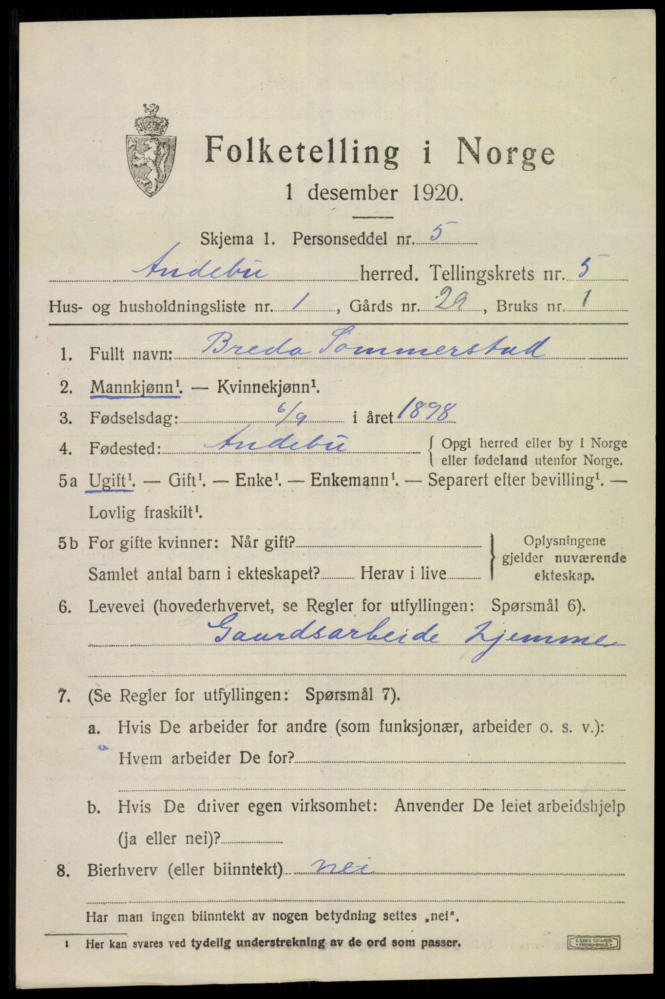 SAKO, 1920 census for Andebu, 1920, p. 2644