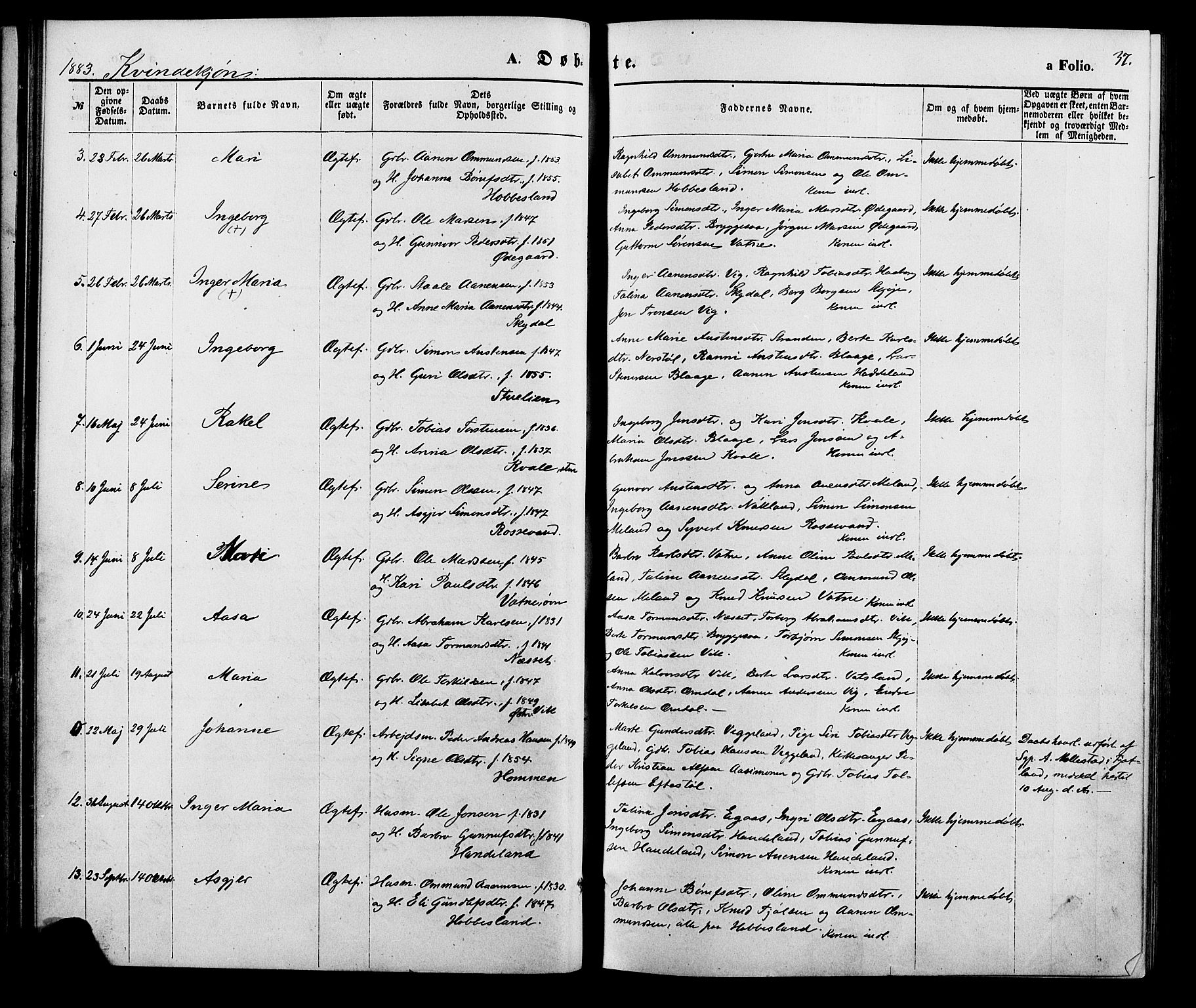 Hægebostad sokneprestkontor, SAK/1111-0024/F/Fa/Fab/L0003: Parish register (official) no. A 3, 1872-1886, p. 37