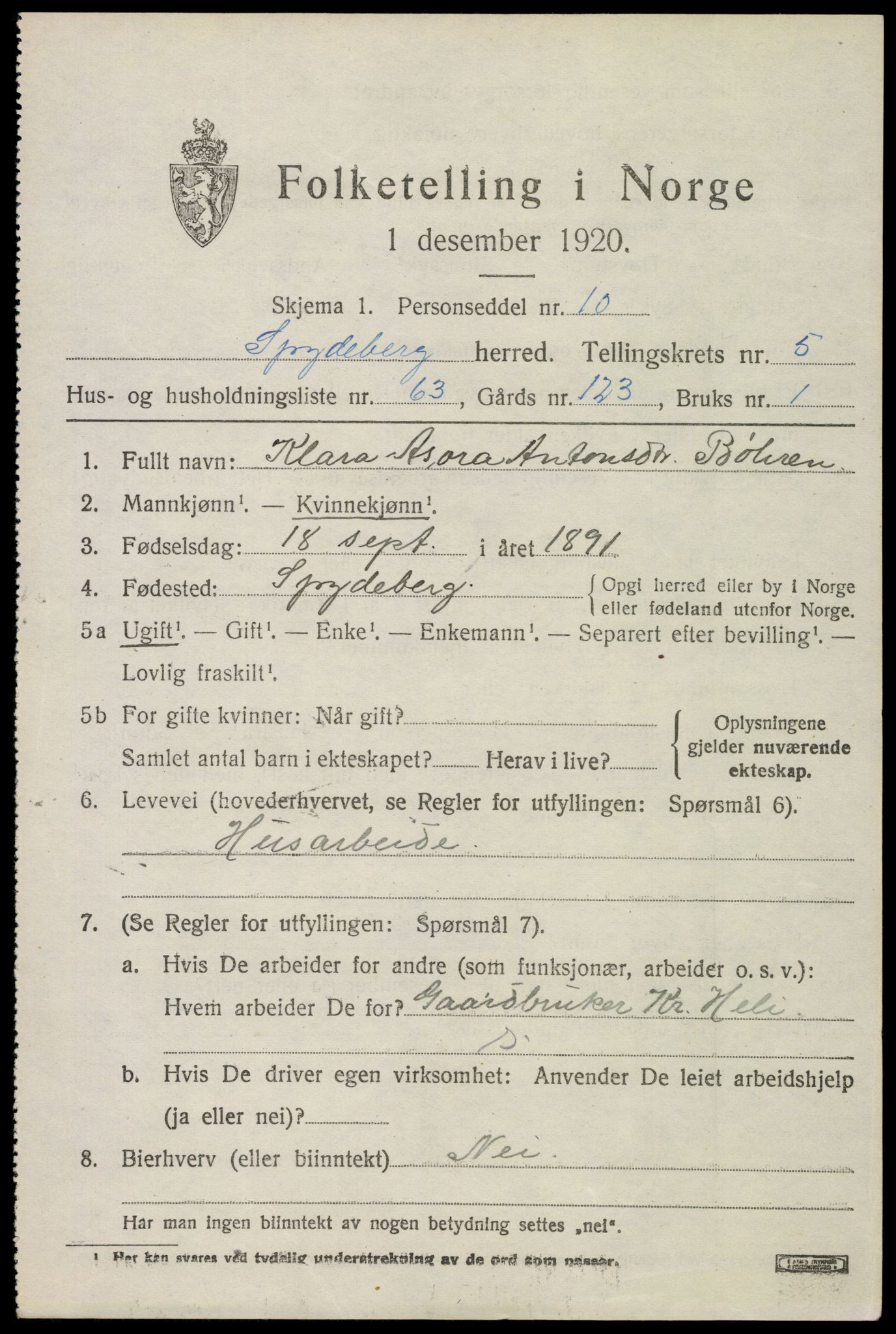 SAO, 1920 census for Spydeberg, 1920, p. 6923